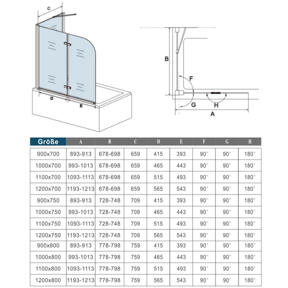 duschspa Badewannenaufsatz Badewannenaufsatz Duschwand mit Seitenwand Faltwand Duschkabine, Einscheibensicherheitsglas, Sicherheitsglas, (Set), Glas