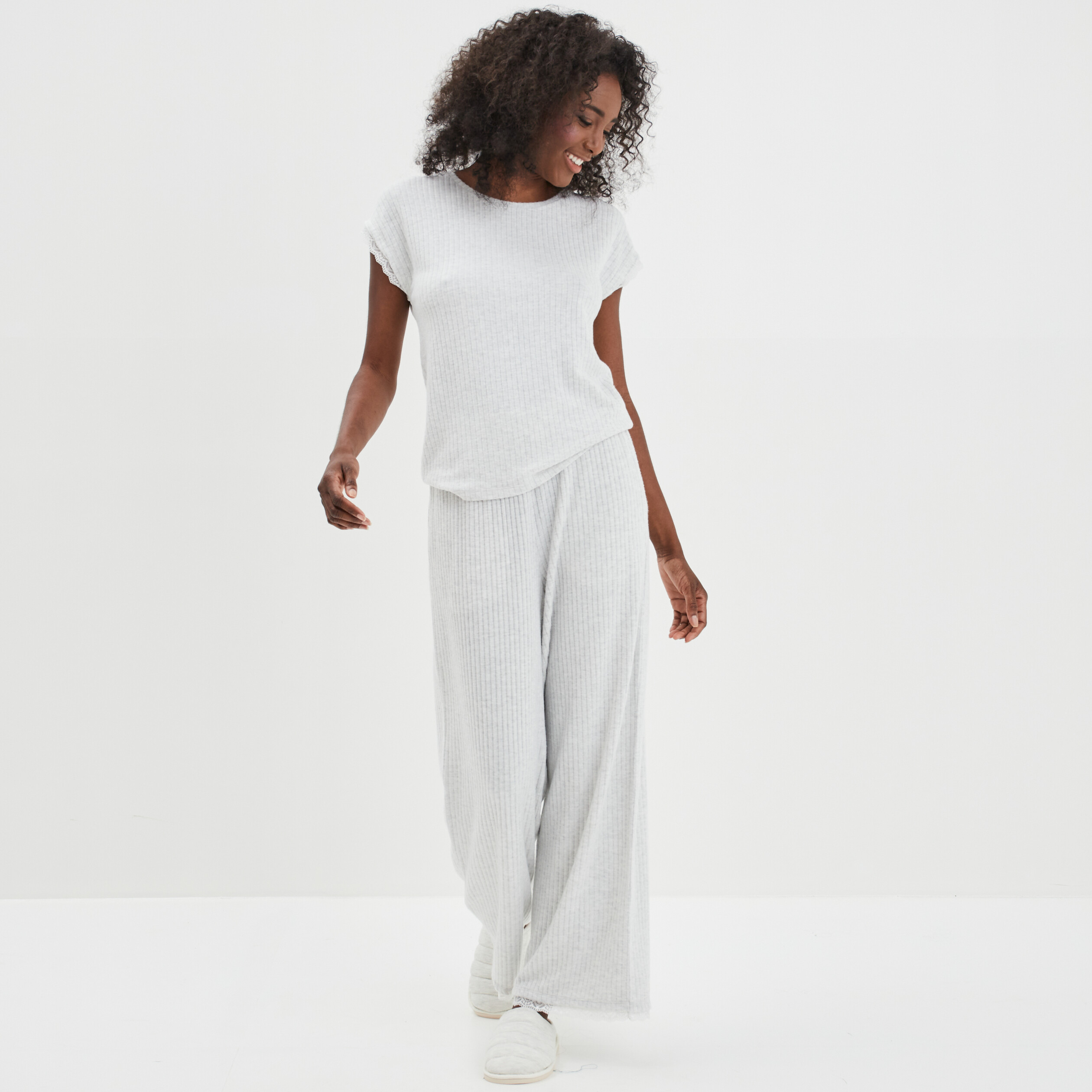 Haut de pyjama t-shirt côtelé gris clair femme | La Halle