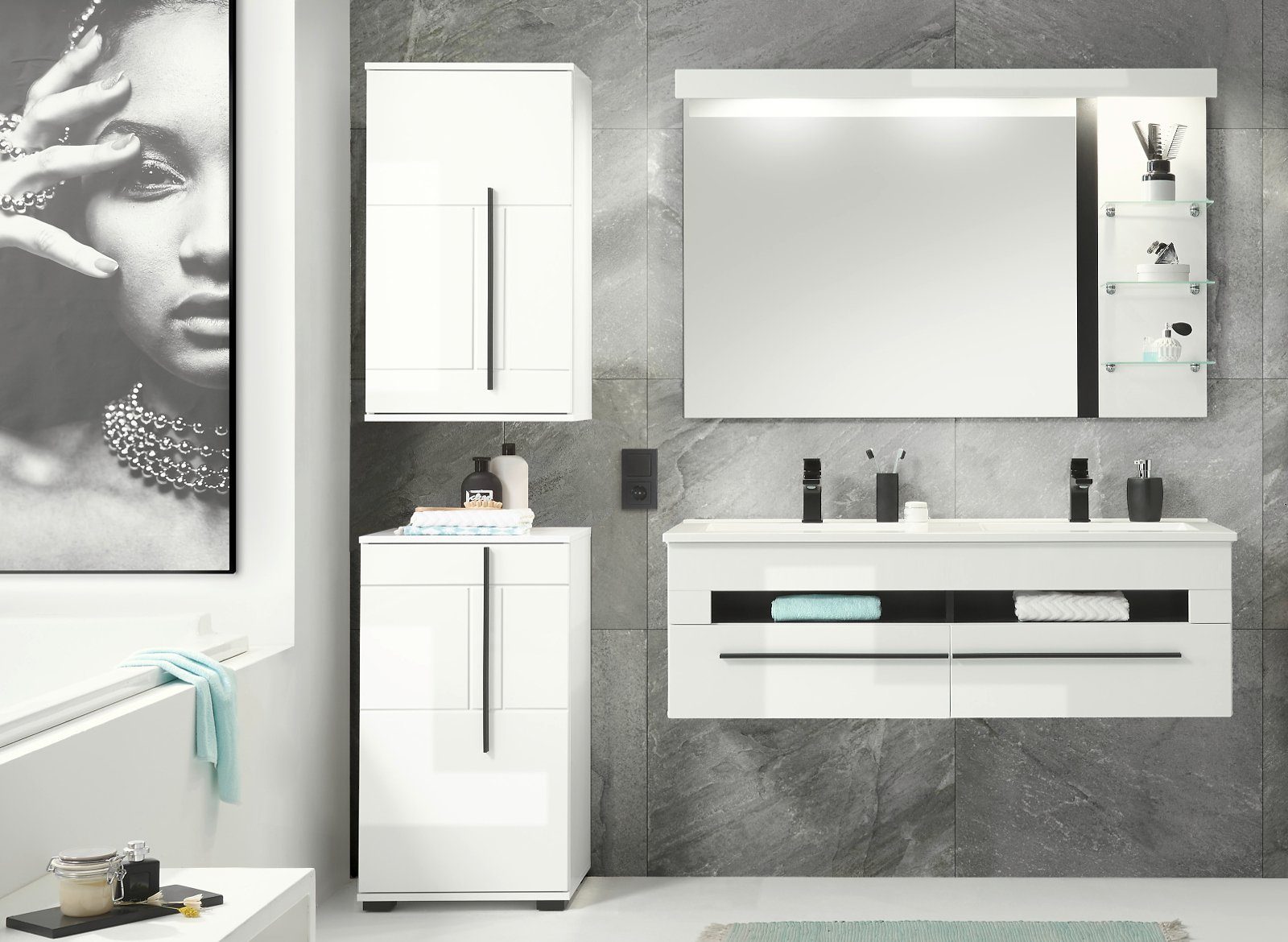 Furn.Design Badmöbel-Set Design-D, (Komplett-Set in weiß Hochglanz, mit Doppelwaschtisch), inkl. Waschbecken und Beleuchtung
