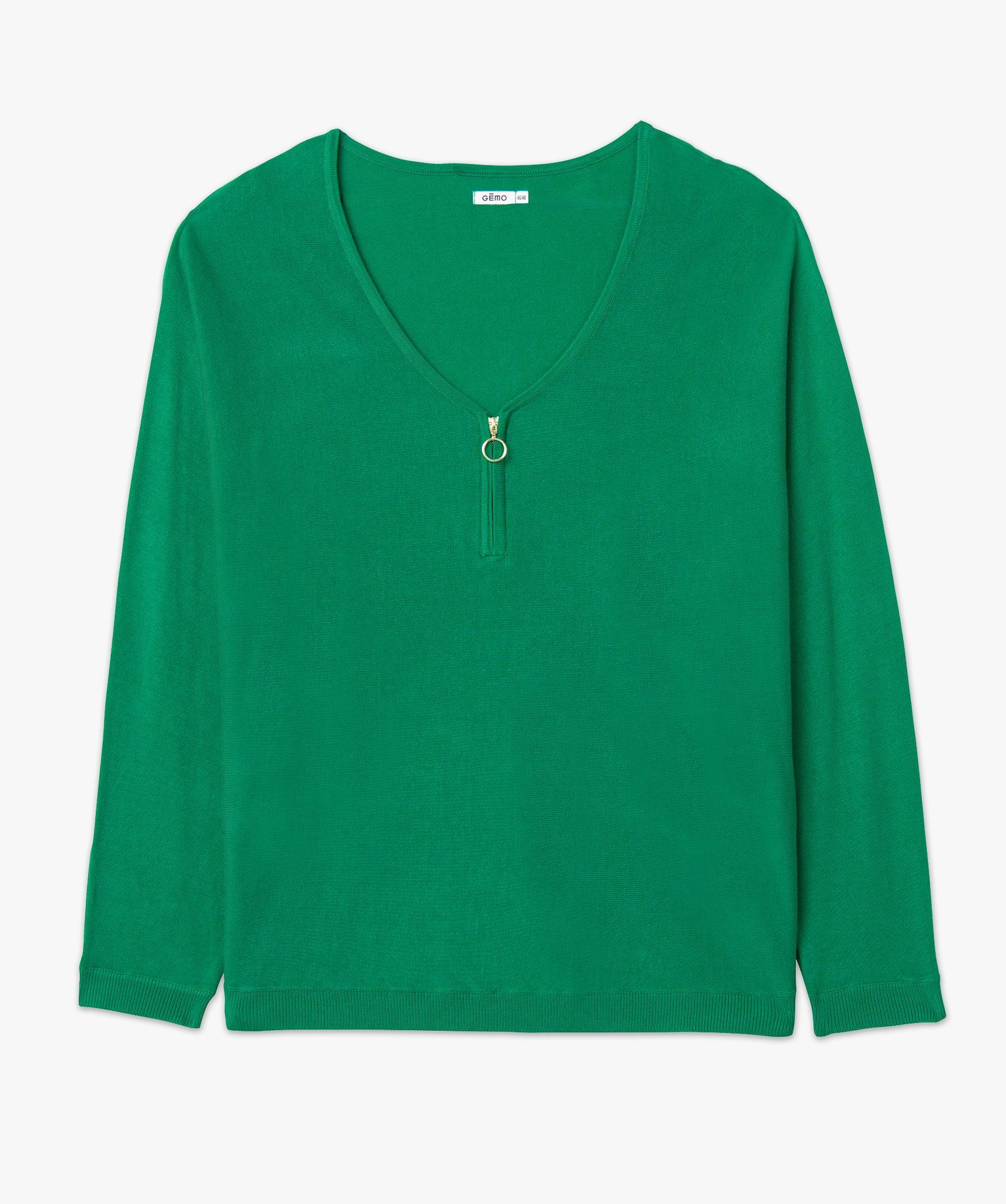 Pull fin avec col V zippé femme grande taille vert | GEMO