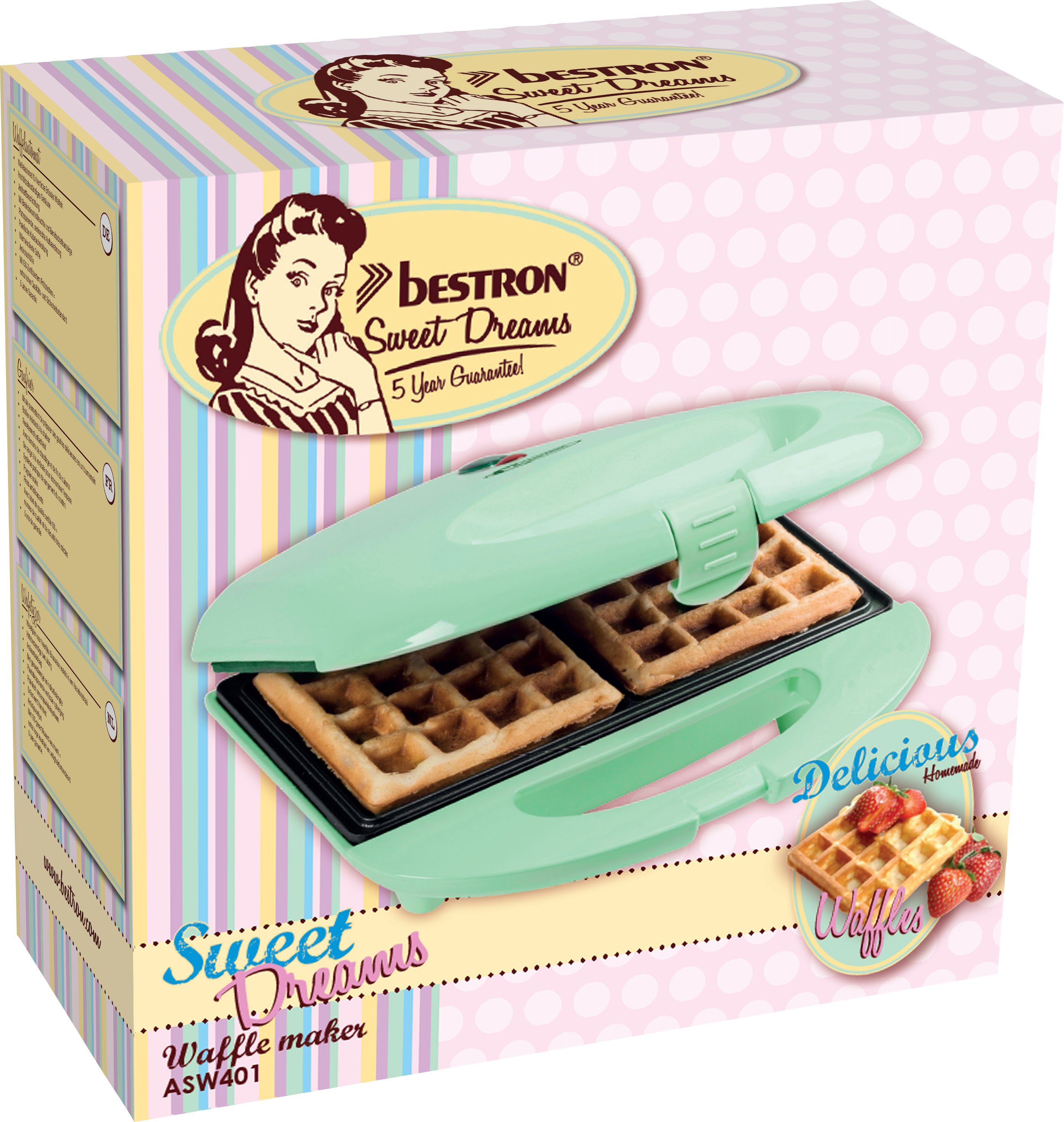 bestron Waffeleisen ASW401 Sweet Dreams, 700 W, mit Antihaftbeschichtung, Retro Design, für Belgische Waffeln