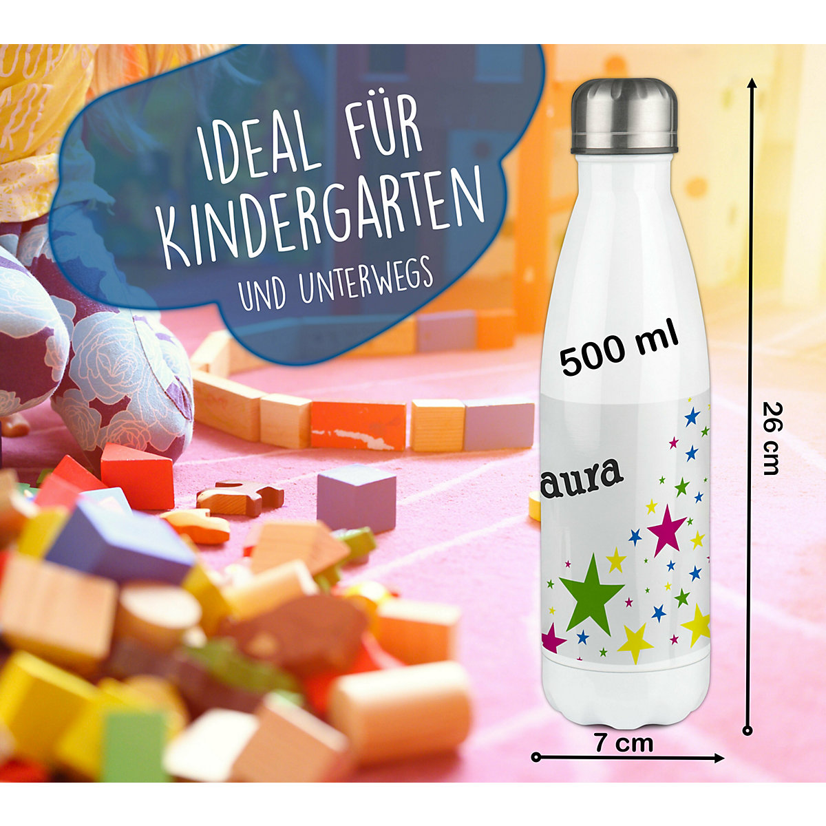 Edelstahl Kinder Thermoflasche / Trinkflasche bunt Sterne Spülmaschinenfest, Auslaufsicher, Bruchfest, Doppelwandig, Für Heißgetränke geeignet, Mit Deckel, Isoliert
