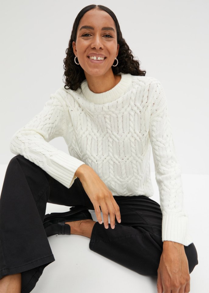 Rundhals-Pullover mit Zopfmuster