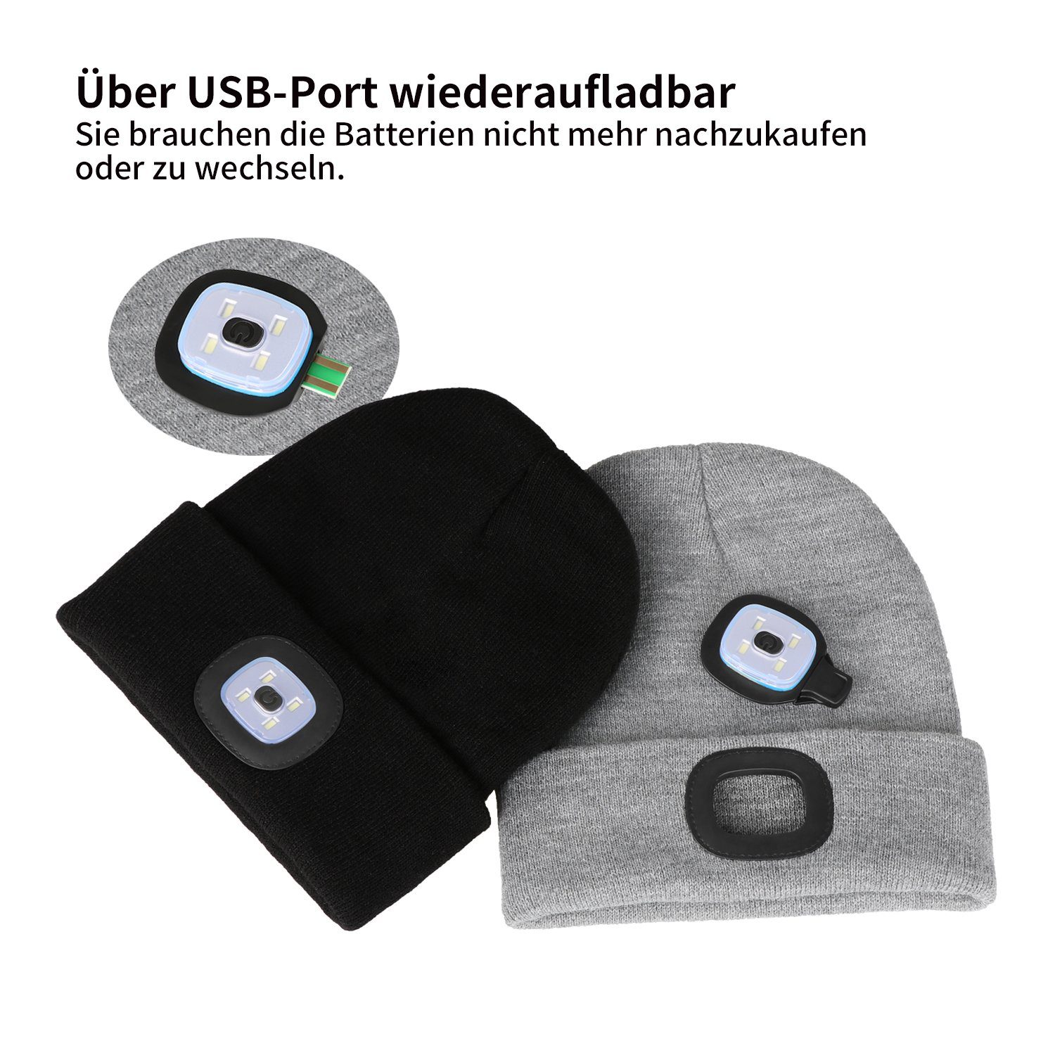 Blusmart Strickmütze Strickmütze mit Licht (Unisex-Winterwärmer-Strickkappe, USB Nachladbare LED Mütze/Hut) USB-aufladbar, LED Lampe mit drei einstellbare Stufen