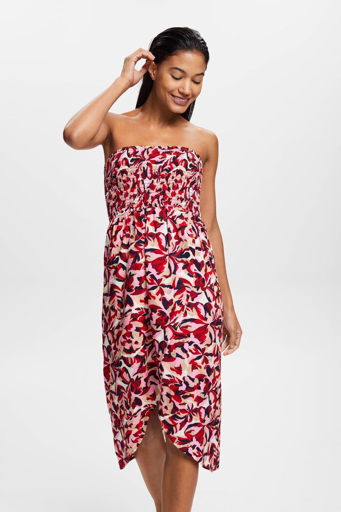 Gesmoktes Midi-Schlauchkleid mit Blumenmuster