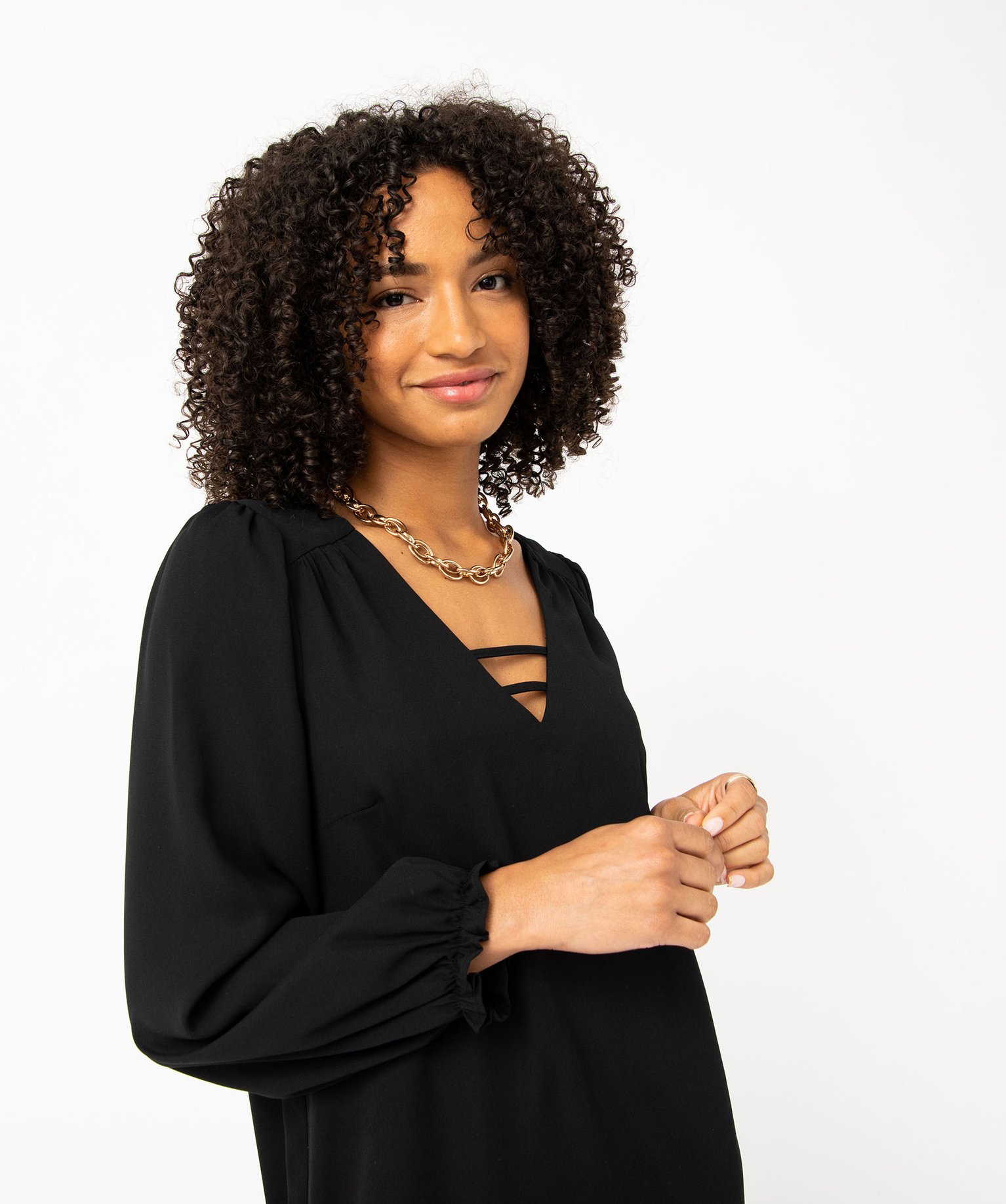 Robe droite à manches longues et col V femme marine | GEMO