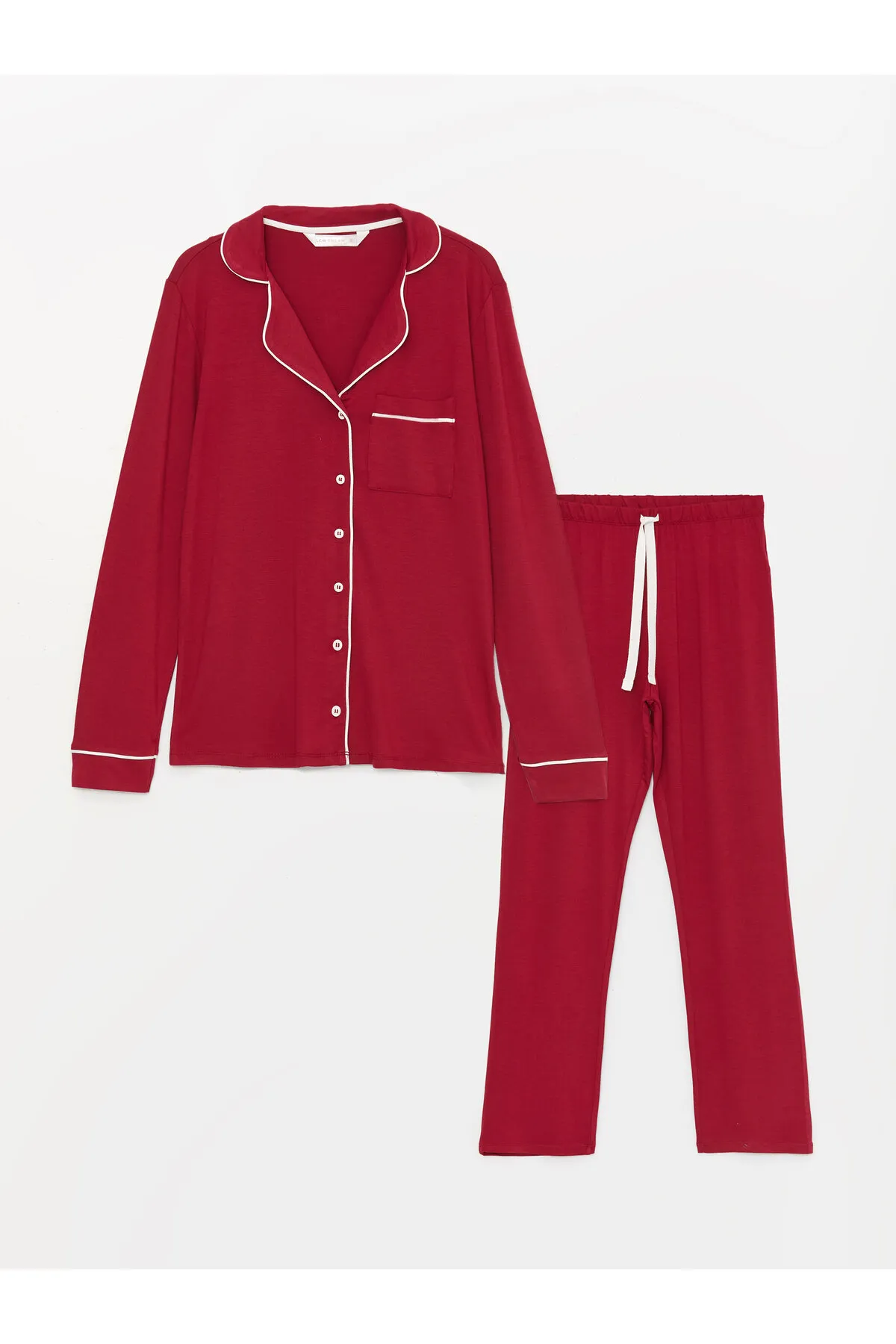 LC Waikiki  Einfarbiges, langärmliges Damen-Pyjama-Set mit Hemdkragen