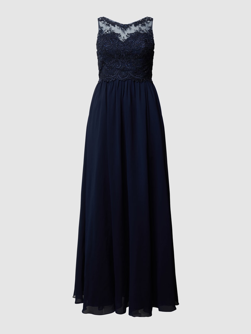 Abendkleid mit Ziersteinen und floralen Stickereien in dunkelblau