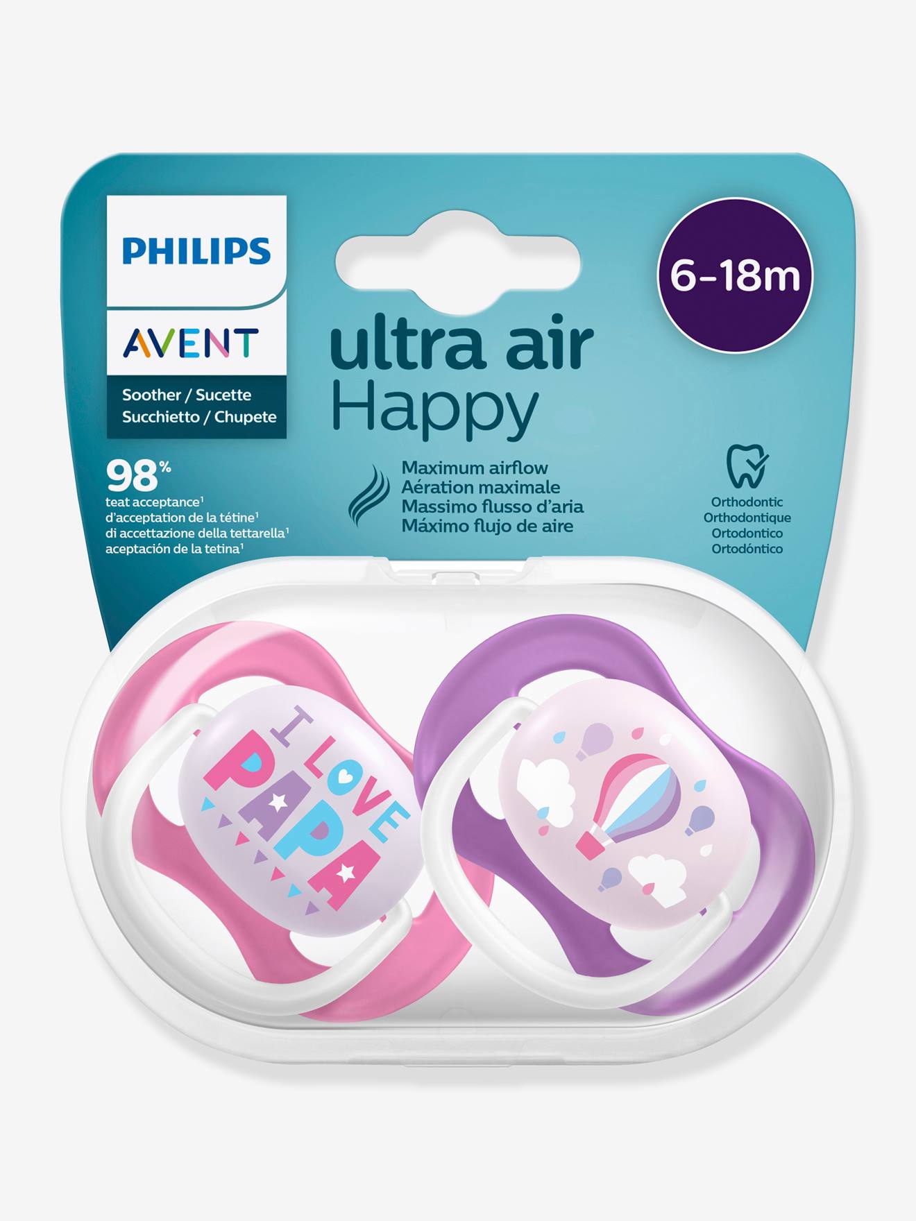 Lot de 2 sucettes Ultra air animals 2e âge Philips AVENT pingouin + éléphant