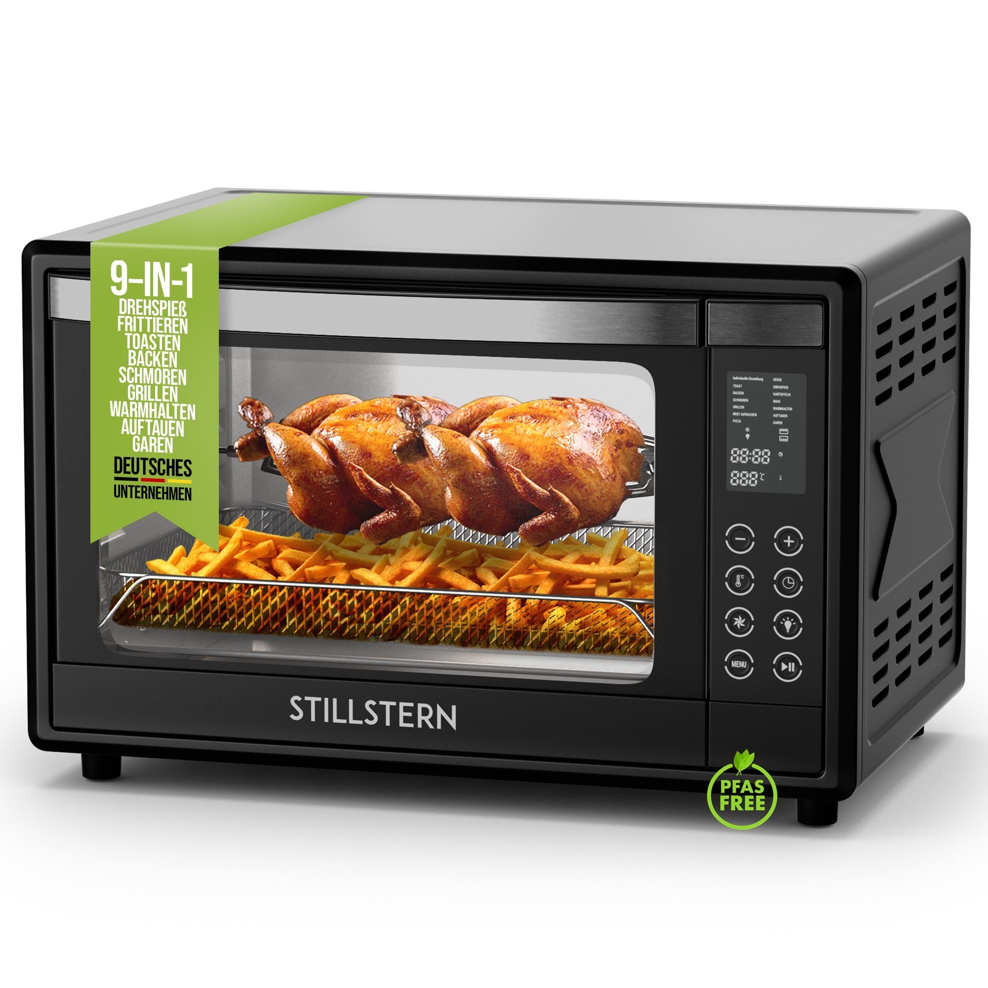 Stillstern Minibackofen MB35-LED 2G (35L) Deutsche Version, Ofenhandschuhe, Rezeptheft, Drehspieß, Timer, Innenbeleuchtung