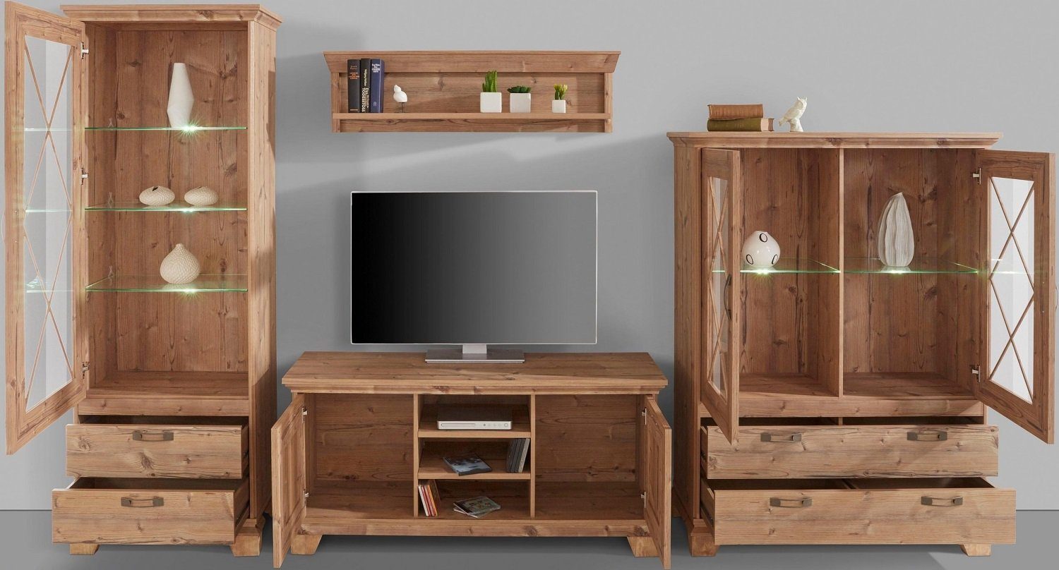 möbel-direkt.de Wohnwand Nepal, (Komplett Set, 4-St., Standvitrine + Hochkommode + Wandboard + TV- Schrank), inklusive Beleuchtung