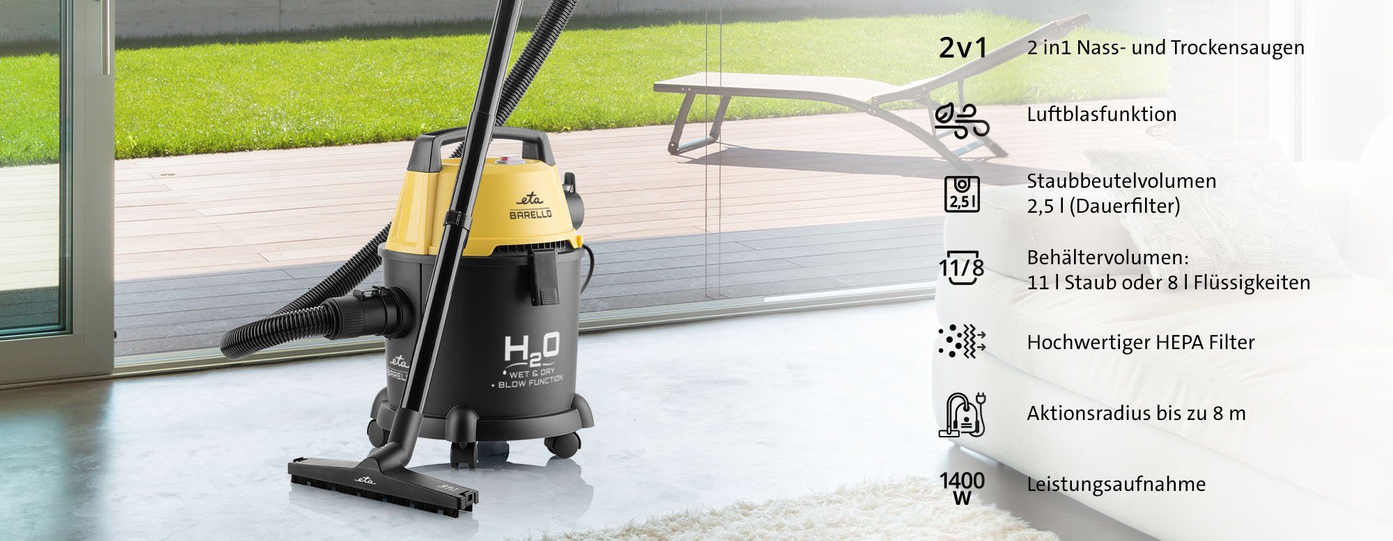 eta Nass-Trocken-Sauger BARELLO ETA422290000, 1400 W, beutellos, Staubbeutelvolumen 2,5 l, HEPA Filter, Aktionsradius bis zu 8 m