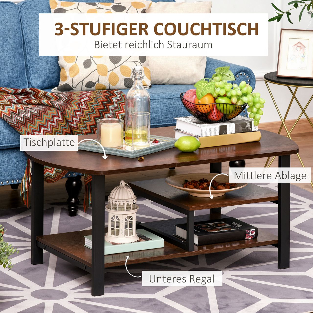 HOMCOM Couchtisch, Wohnzimmertisch Kaffeetisch mit Ablageflächen für Büro, Wohnzimmer, Schlafzimmer, industrieller Stil, E1 Spanplatte, Stahl, Braun, 100L x 60B x 46H cm