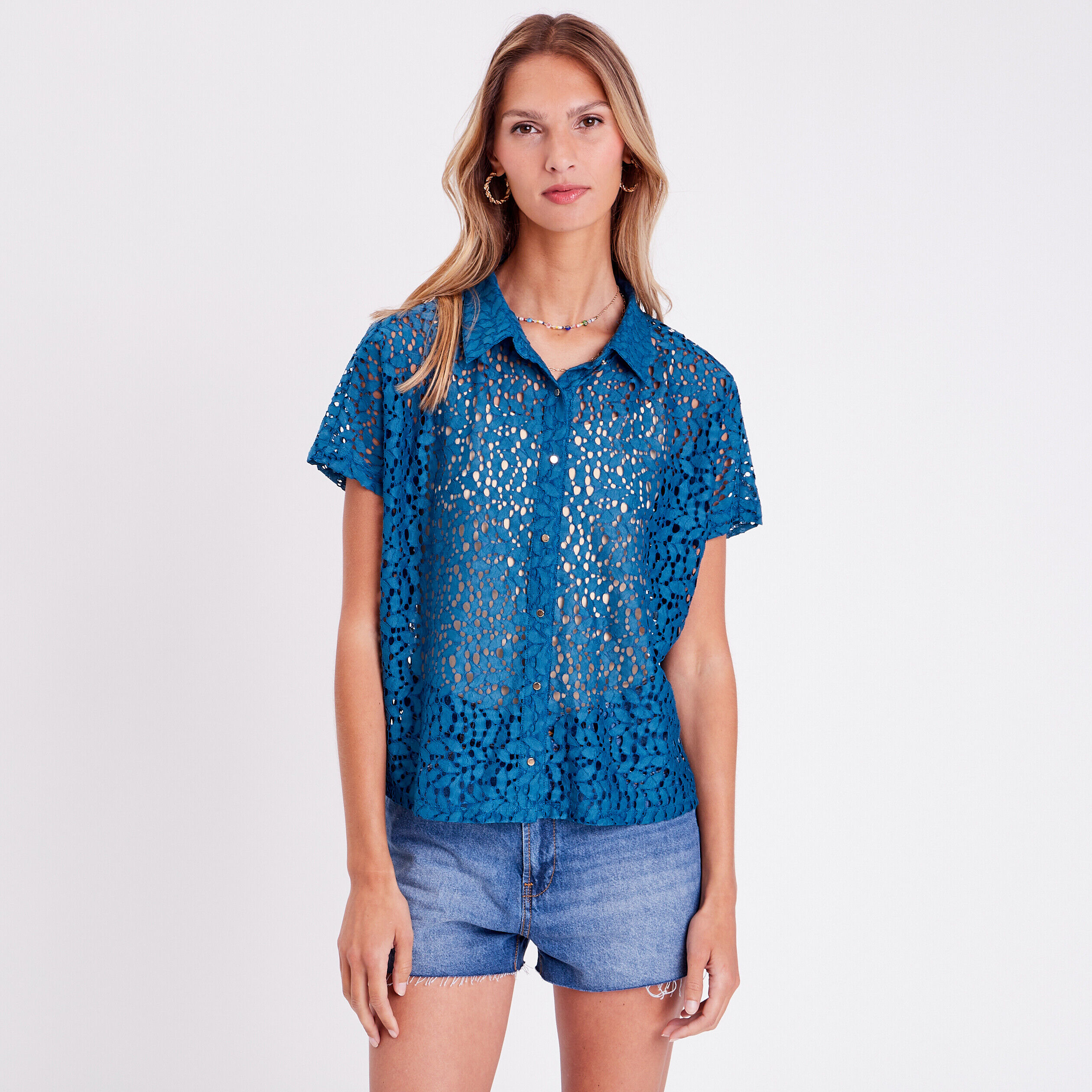 Chemise manches courtes bleu canard femme | Cache Cache