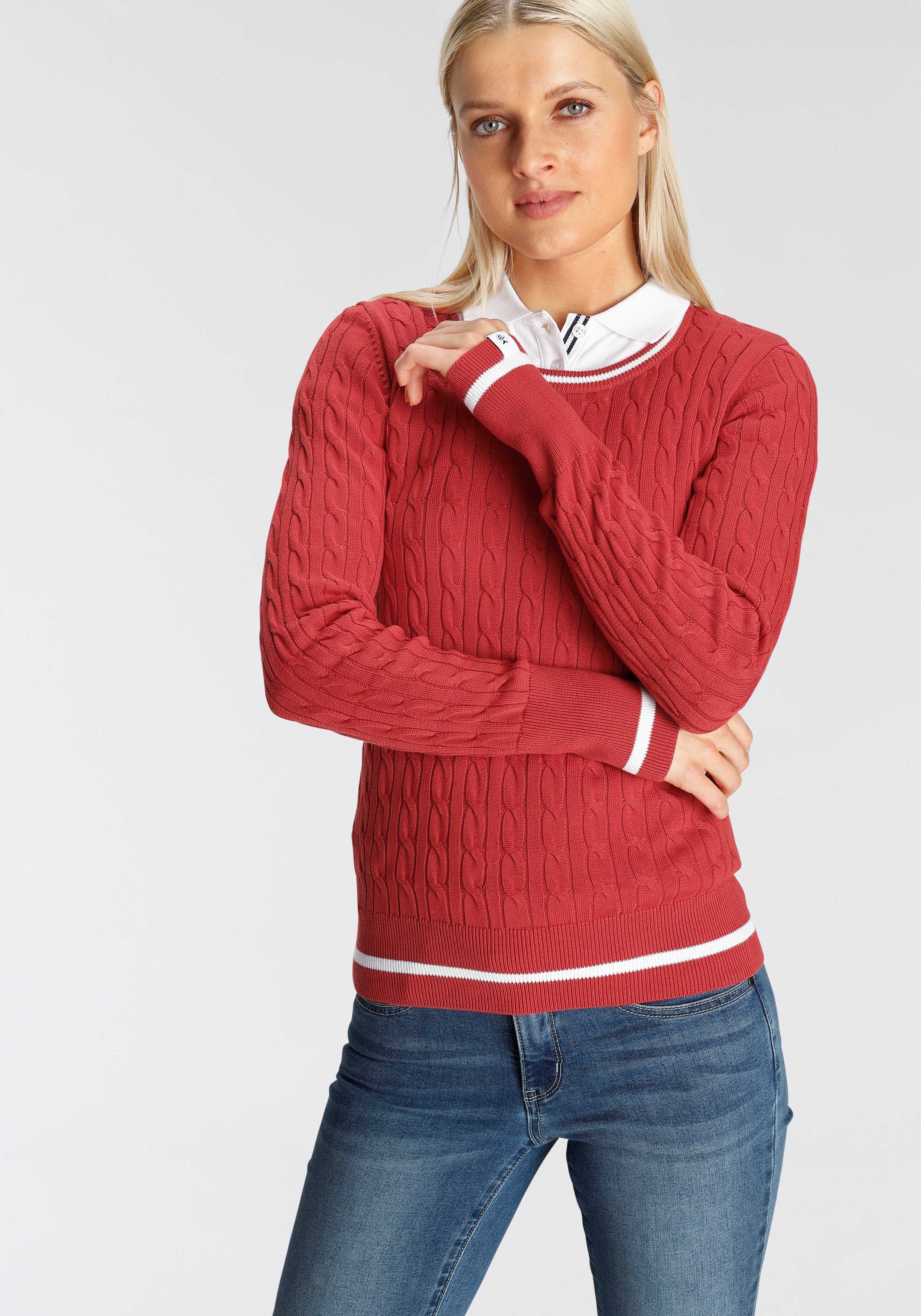 DELMAO Strickpullover mit Kontaststreifen und durchendem Zopfmuster - NEUE MARKE!