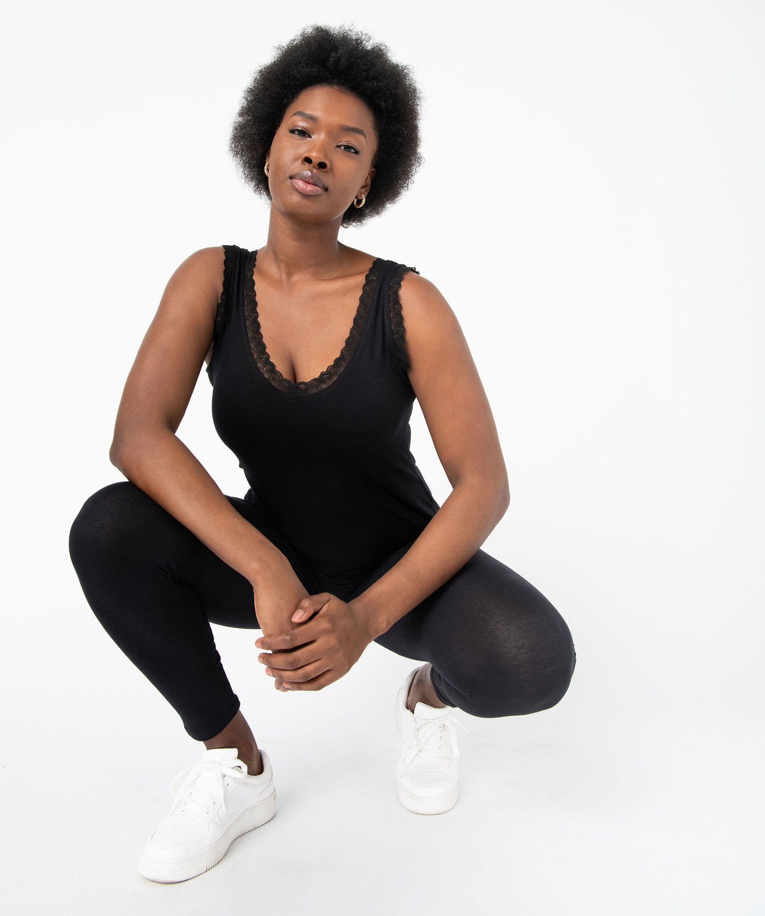 Legging femme uni en coton extensible noir | GEMO