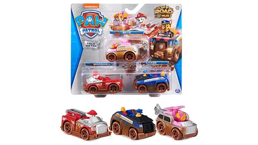 Spin Master - Paw Patrol True Metal 3er-Pack mit 3 Metall-Spielzeugautos von Skye, Chase und Marshall, Maßstab 1:55