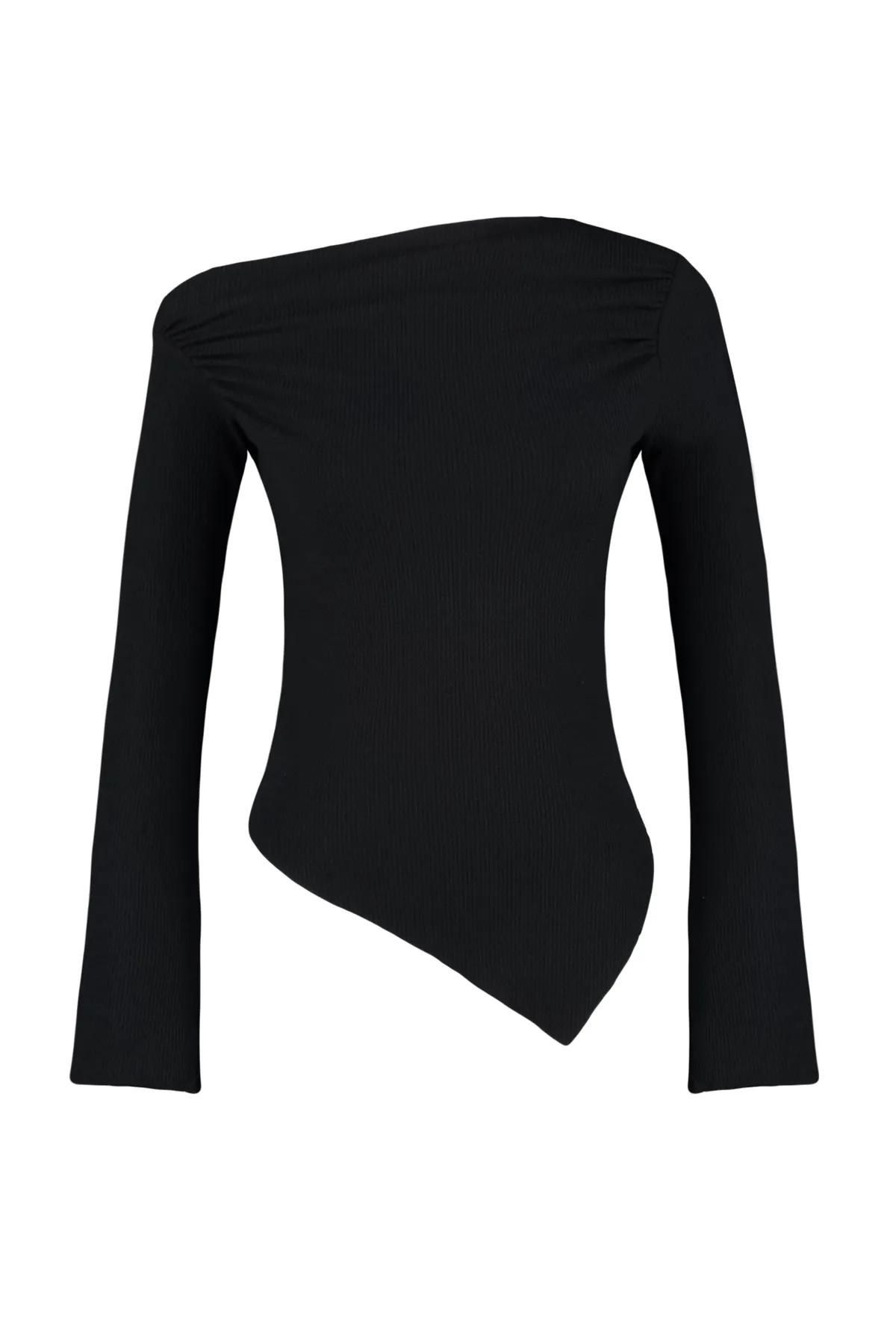 Trendyol Collection  Schwarze, drapierte, asymmetrische Strickbluse mit U-Boot-Ausschnitt TWOAW24BZ00393