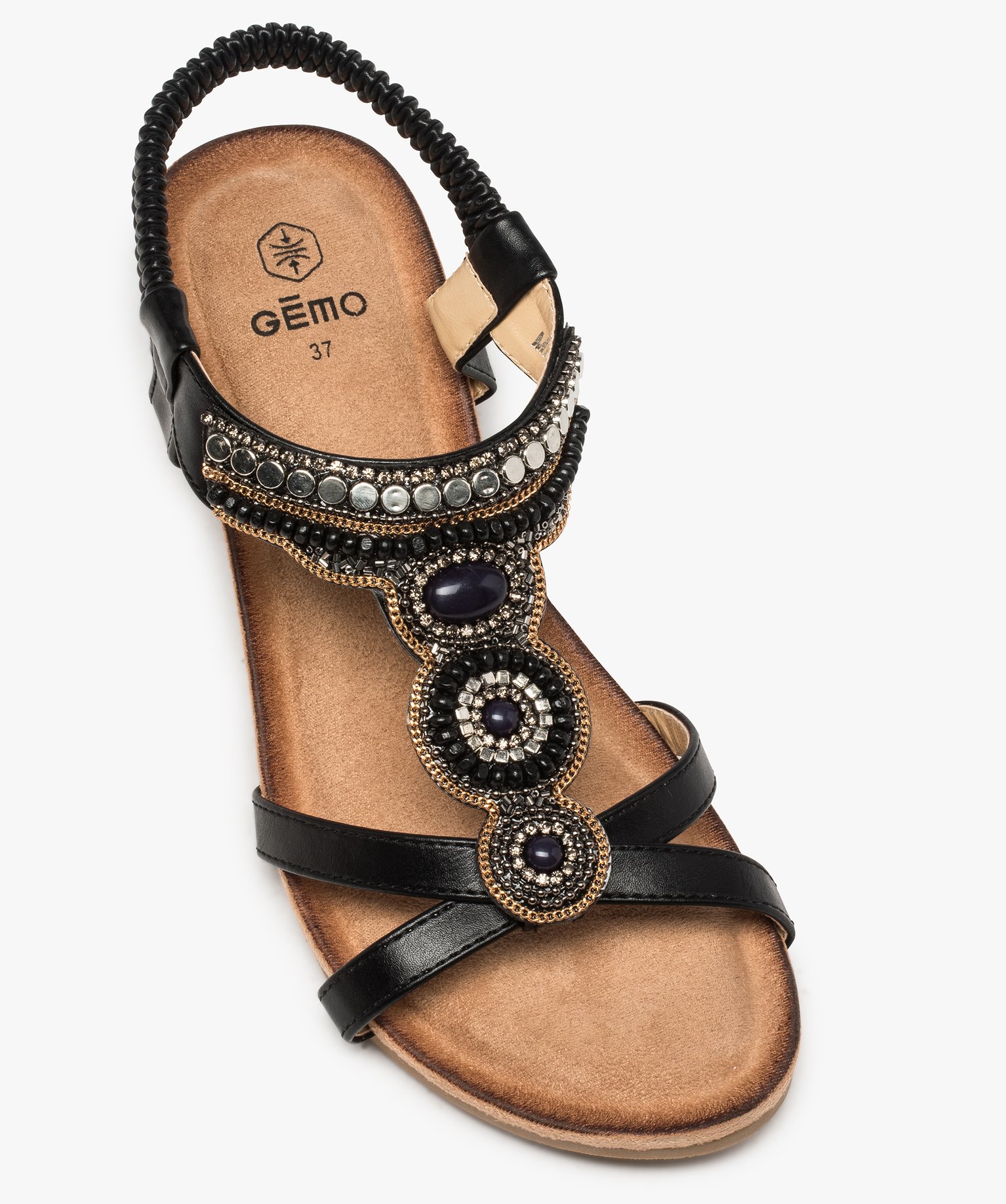 Sandales femme à brides élastiques ornées de perles noir | GEMO