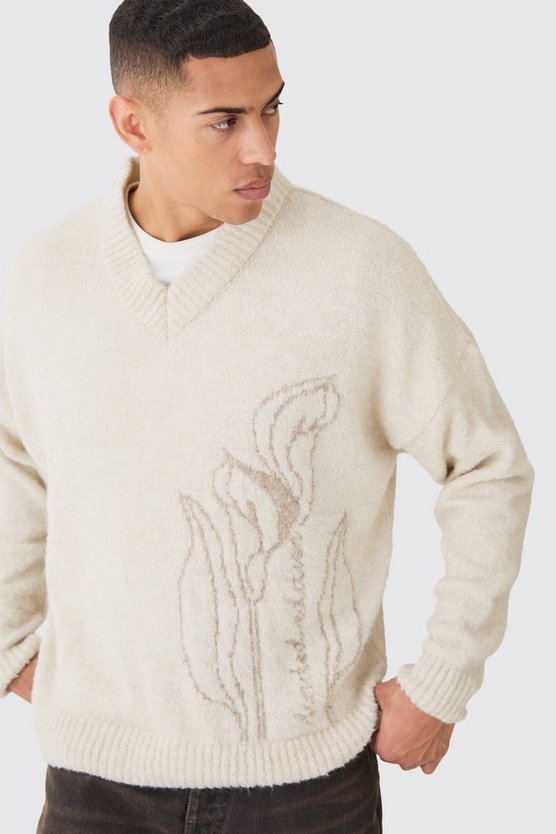 Kastiger strukturierter Bouclee-Pullover mit V-Ausschnitt