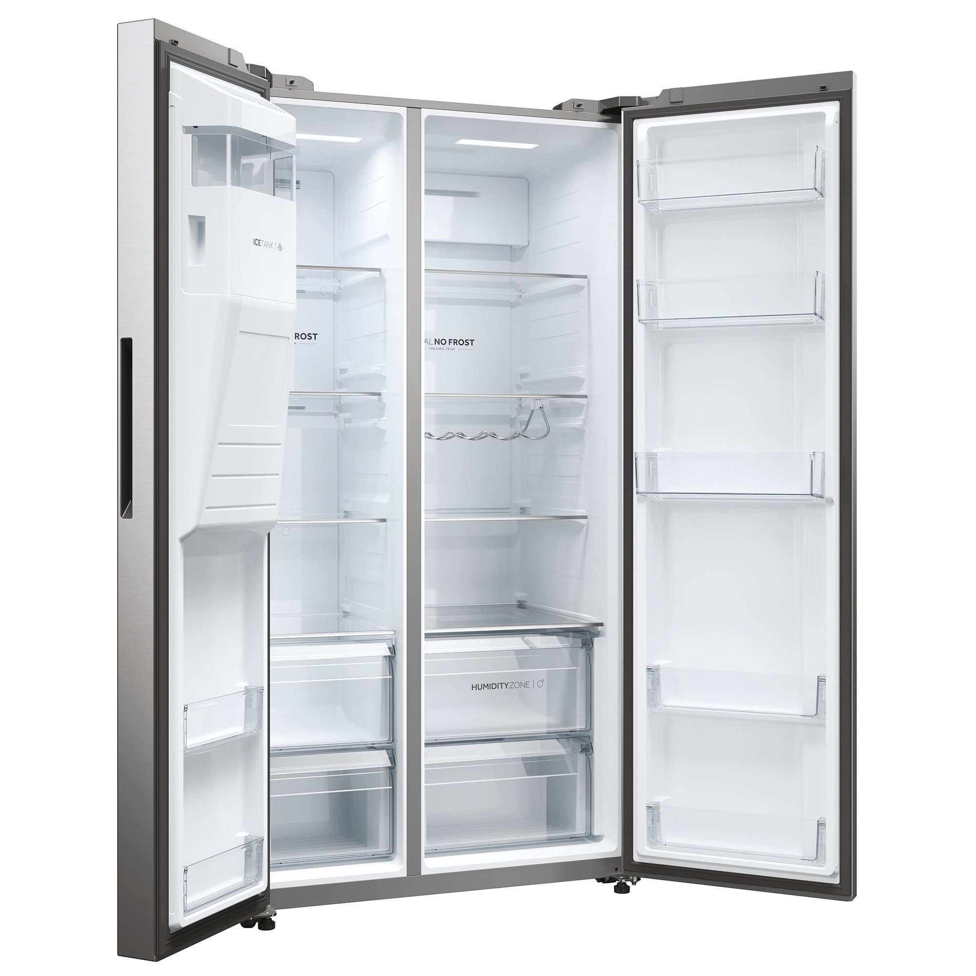 Haier Side-by-Side Front aus Edelstahl HSW59F18EIMM, 177,5 cm hoch, 90,5 cm breit, Wasser-/ Eiswürfeldispenser, Smart hON App-WIFI connected, No Frost