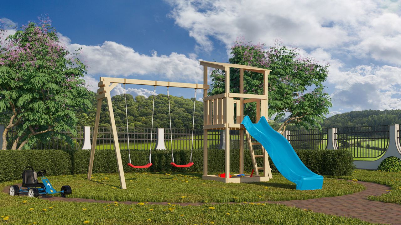 Karibu Spielturm Anna mit blauer Rutsche und Schaukelanbau