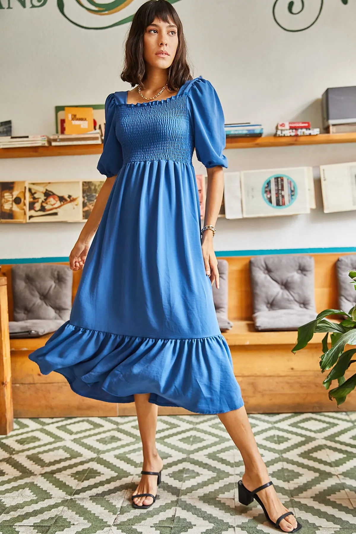 Olalook  Damen-Indigo-Gimped-Bodrum-Kleid mit quadratischem Kragen ELB-19001557