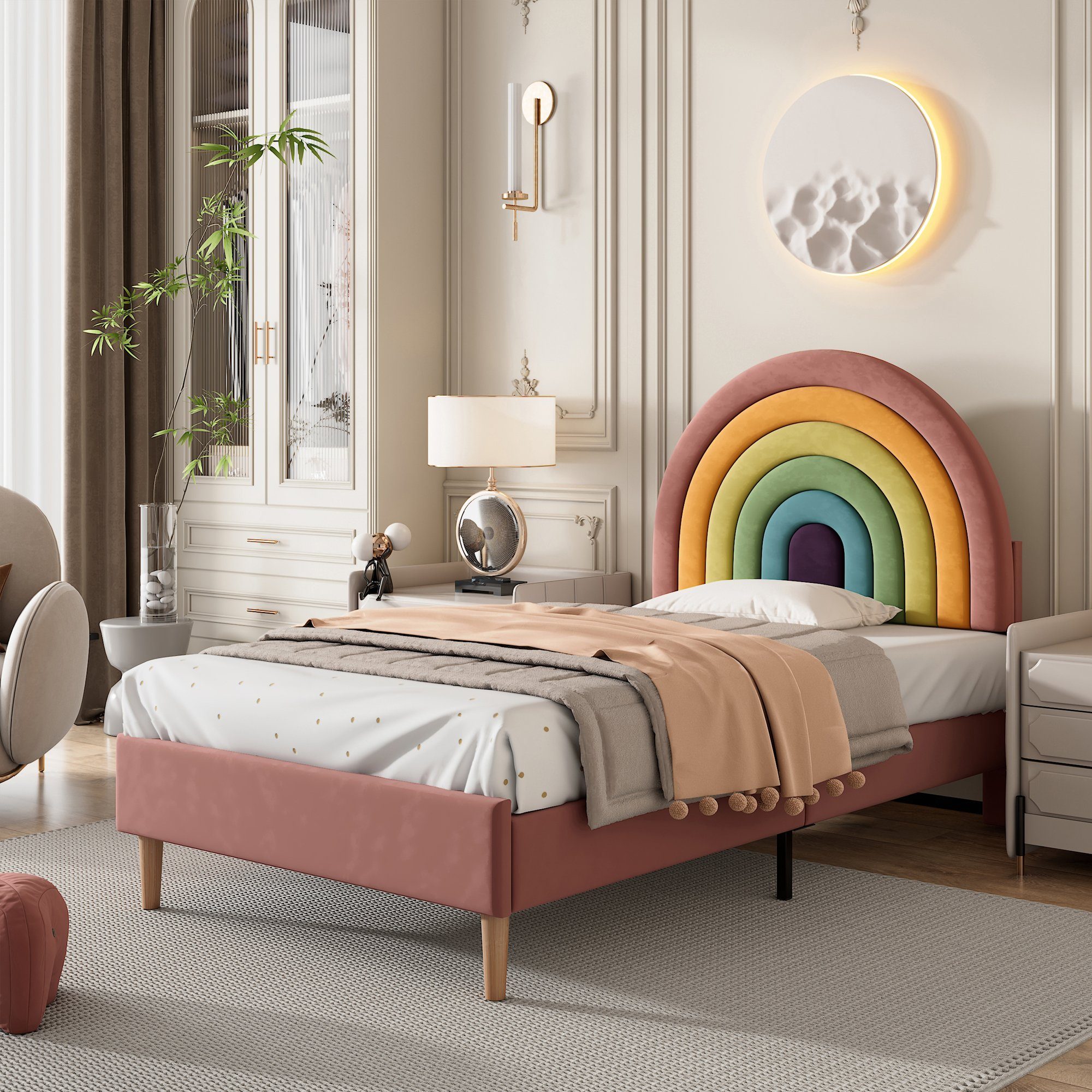 Flieks Polsterbett, Kinderbett mit verstellbarem Regenbogen-Kopfteil 90x200cm Samt