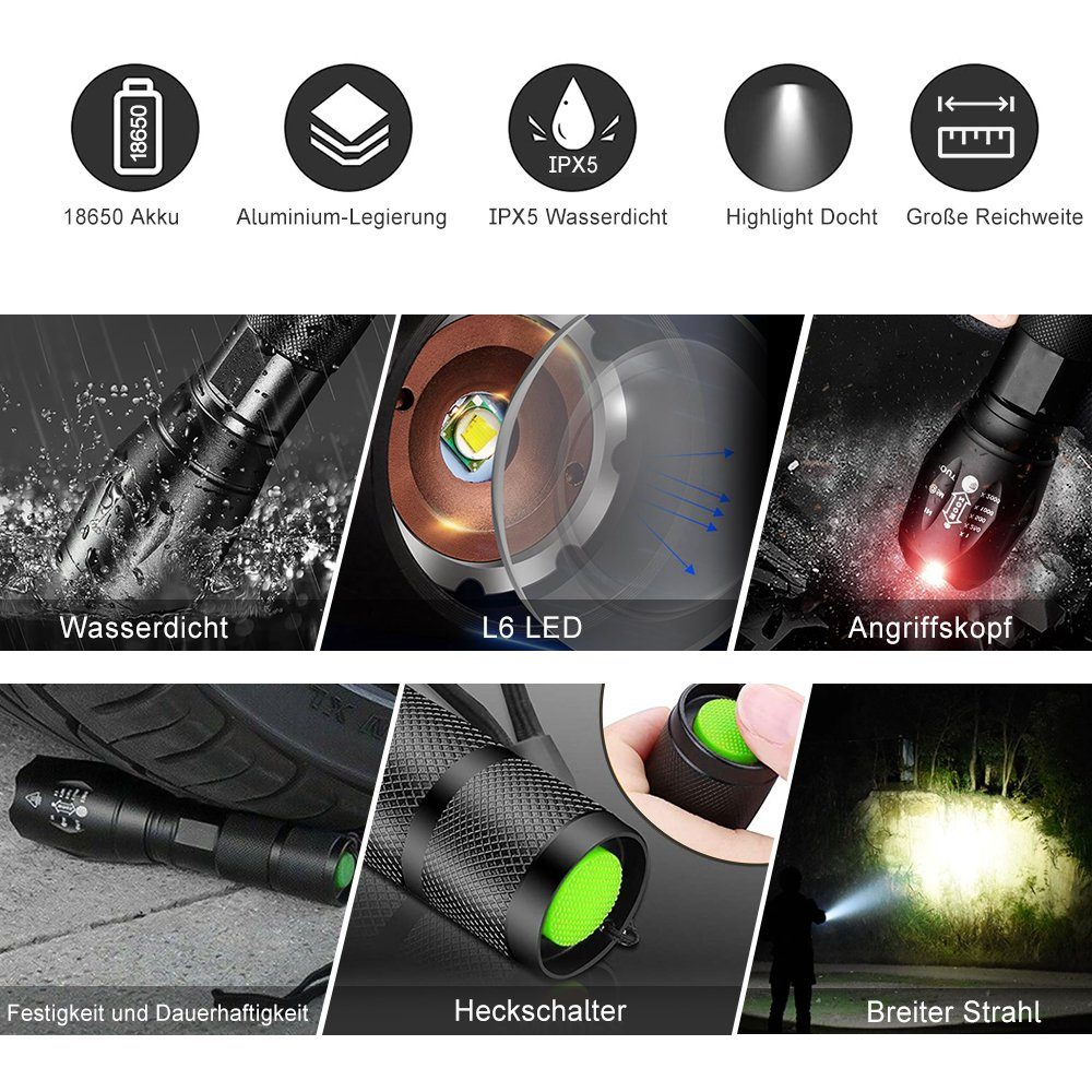 MDHAND LED Taschenlampe 1000 Lumen Zoombar Helle Klein Taschenlampen, 5 Lichtmodi (2-St), Ohne Batterien