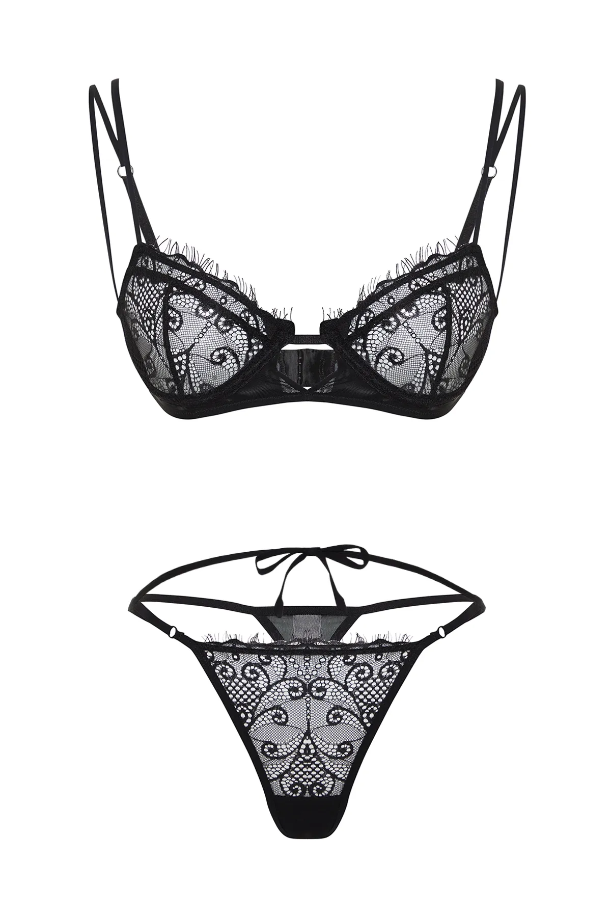 Trendyol Collection  Schwarzes, kappenloses Strick-Unterwäscheset mit Spitzenpaspelierung und Seilriemen THMSS24CC00025
