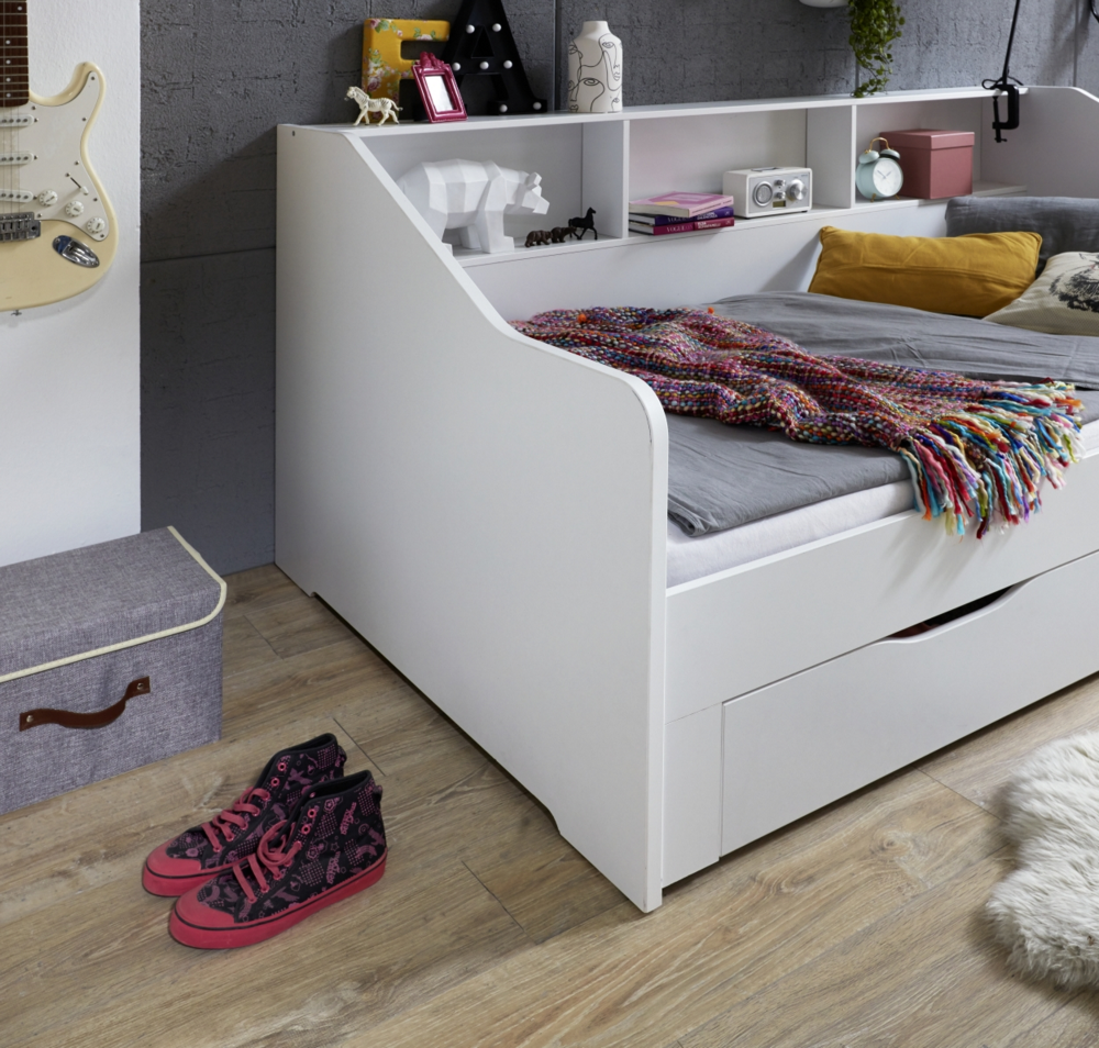 Relita Funktionsbett RENE von 90 auf 180 x 200 cm ausziehbar, mit 2 Schubladen & Regal, weiß