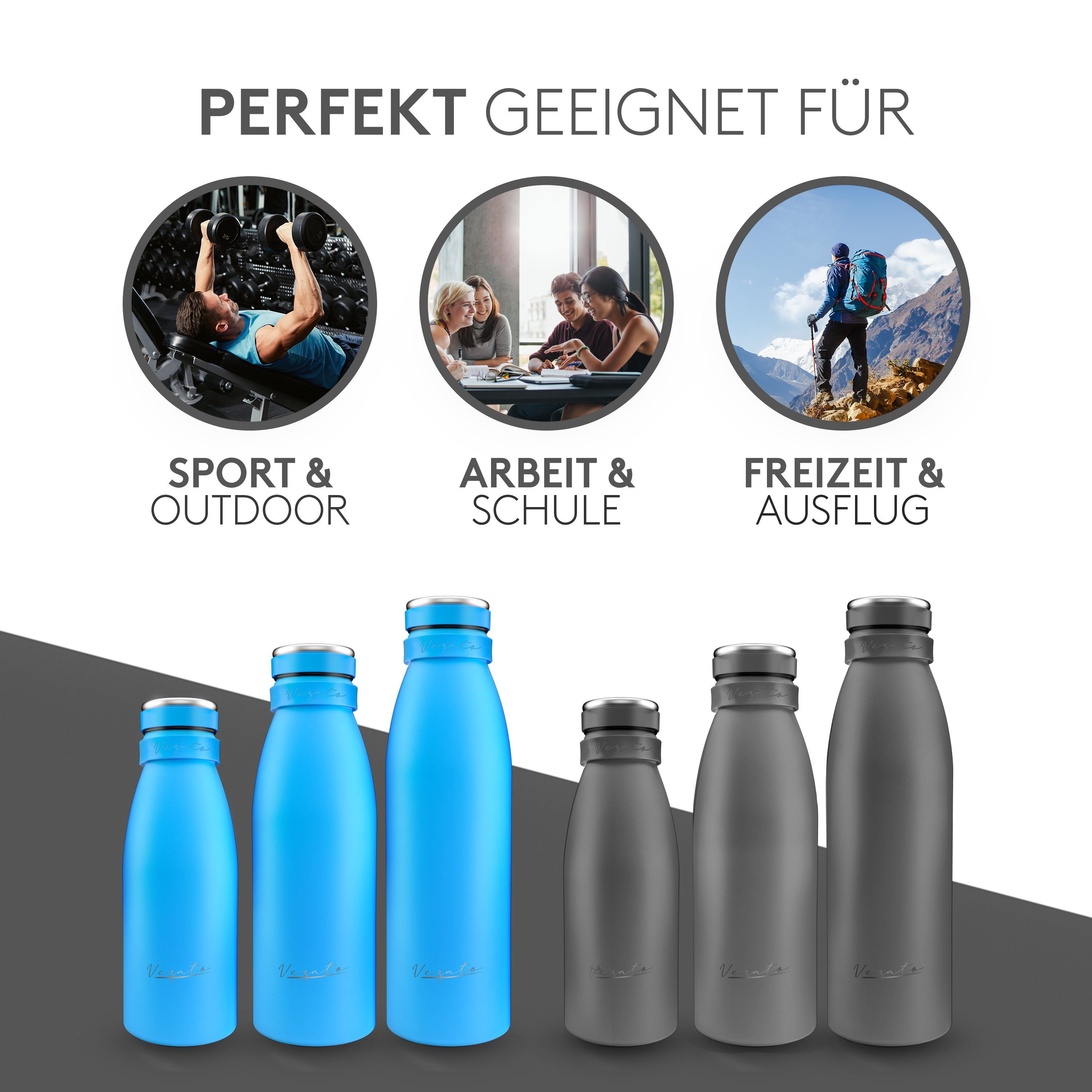 Vezato Trinkflasche Trinkflasche Edelstahl - BPA-freie Isolierflasche 500 ml, Edelstahl Tragegurt