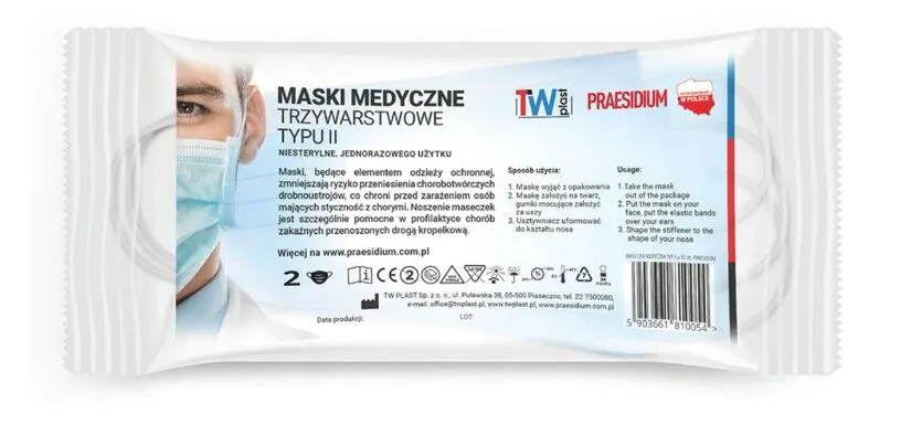 Praesidium, trijų sluoksnių medicininės kaukės, II tipo, mėlynos