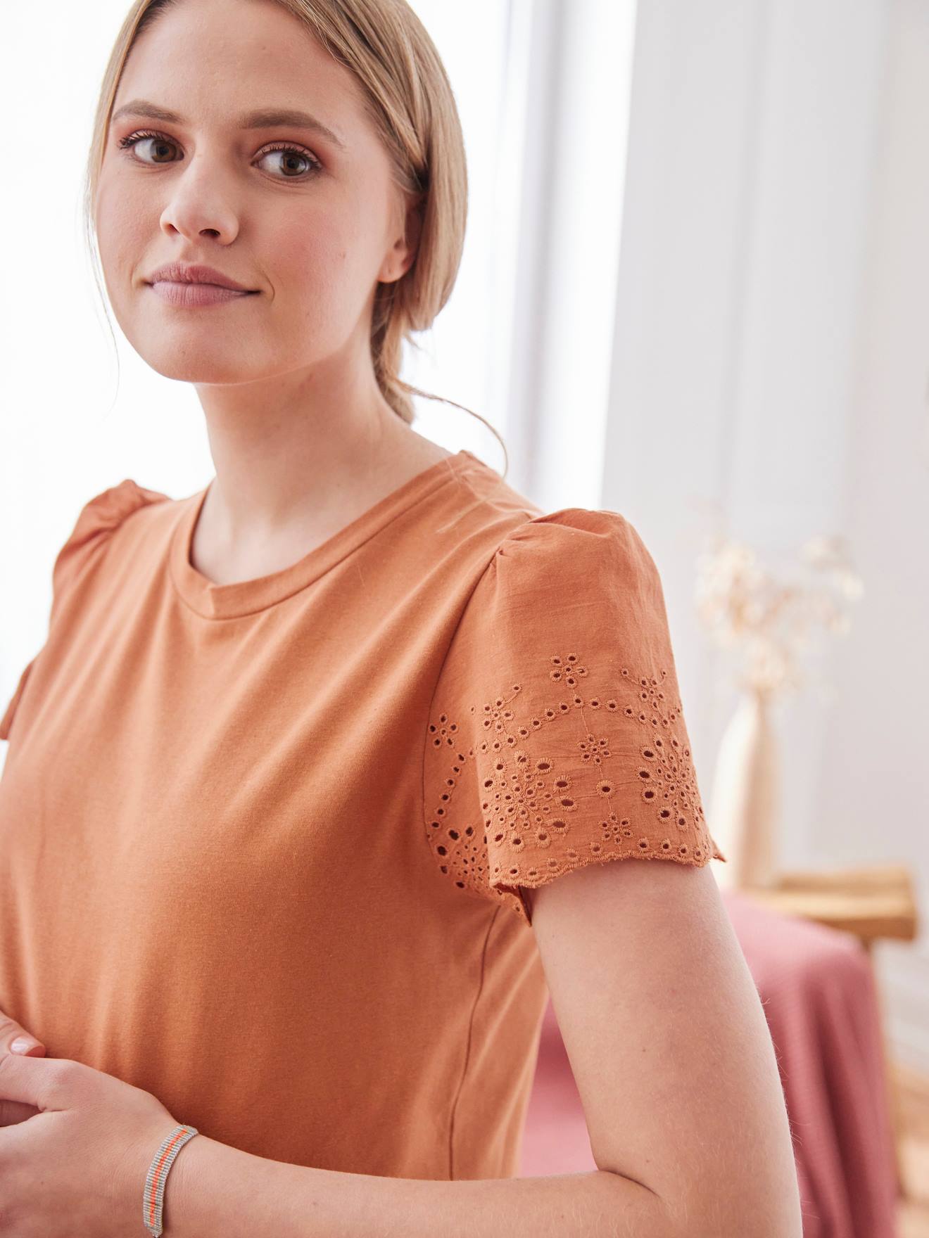 T-shirt bi-matière de grossesse manches courtes terracotta