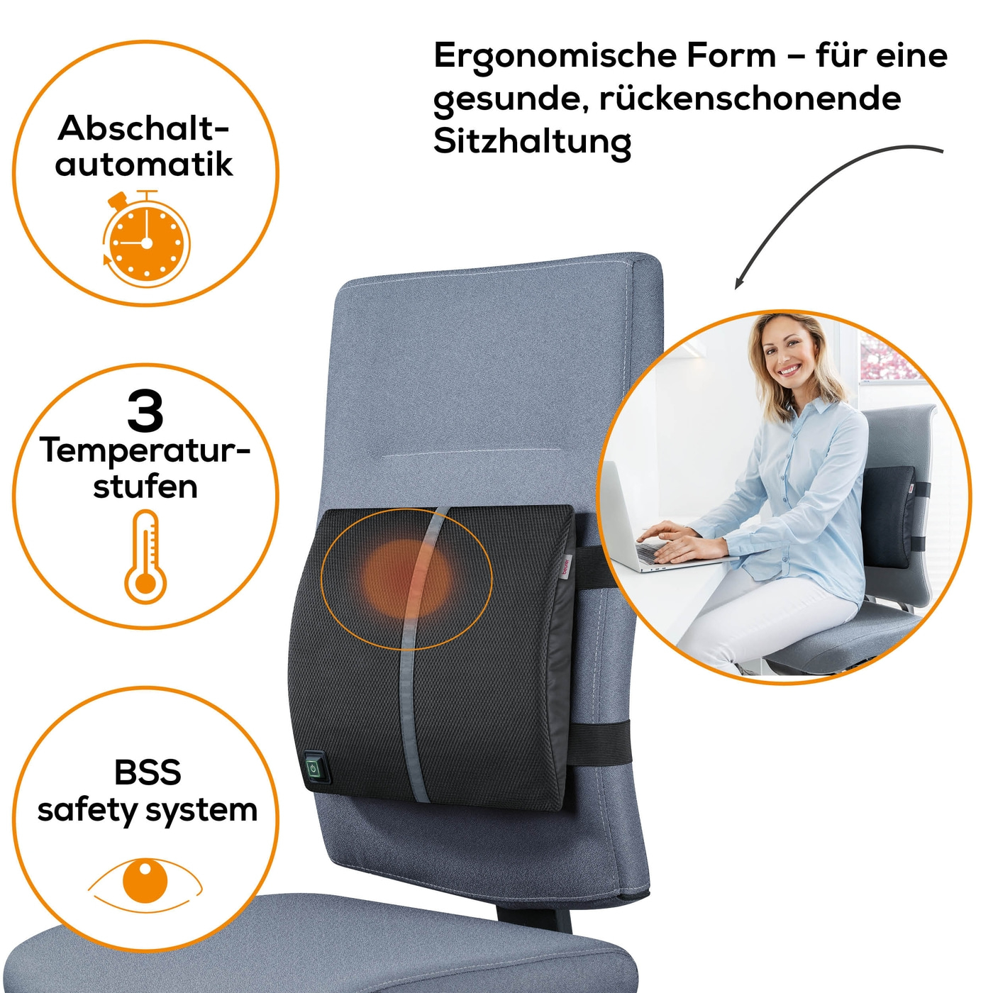 Beurer Heizkissen mit Rückenstütze HK 70-Ergonomische Rückenstütze mit Wärme & praktischer Sitzbefestigung