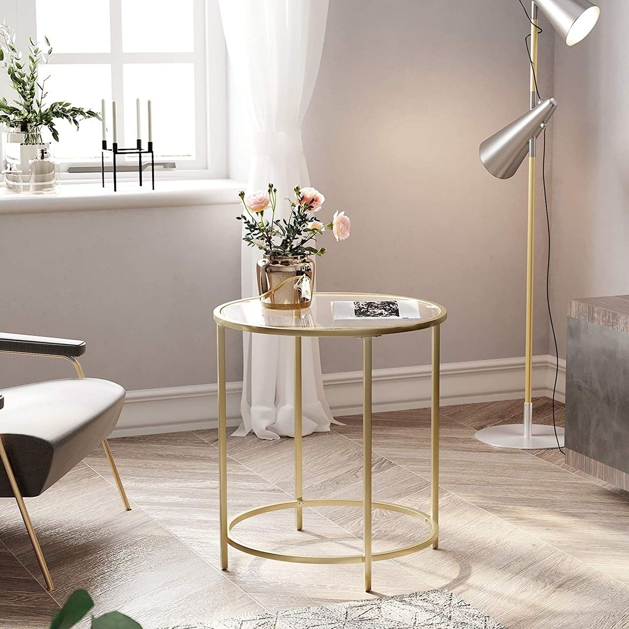 Vasagle Beistelltisch rund, Hartglas, golden