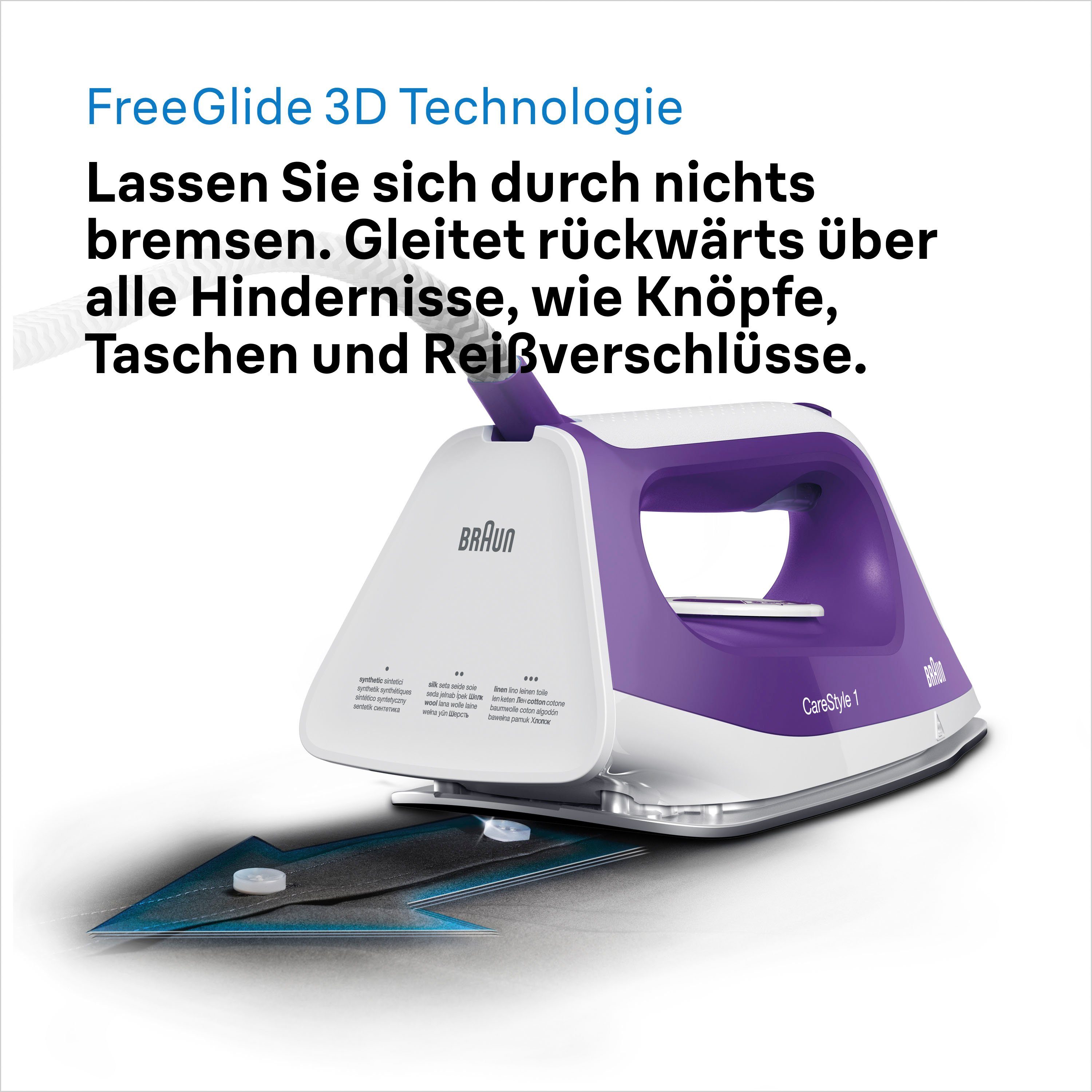 Braun Dampfbügelstation CareStyle 1 IS1014VI Dampfbügelstation, Weiß/Violett, 1500 ml Wassertank