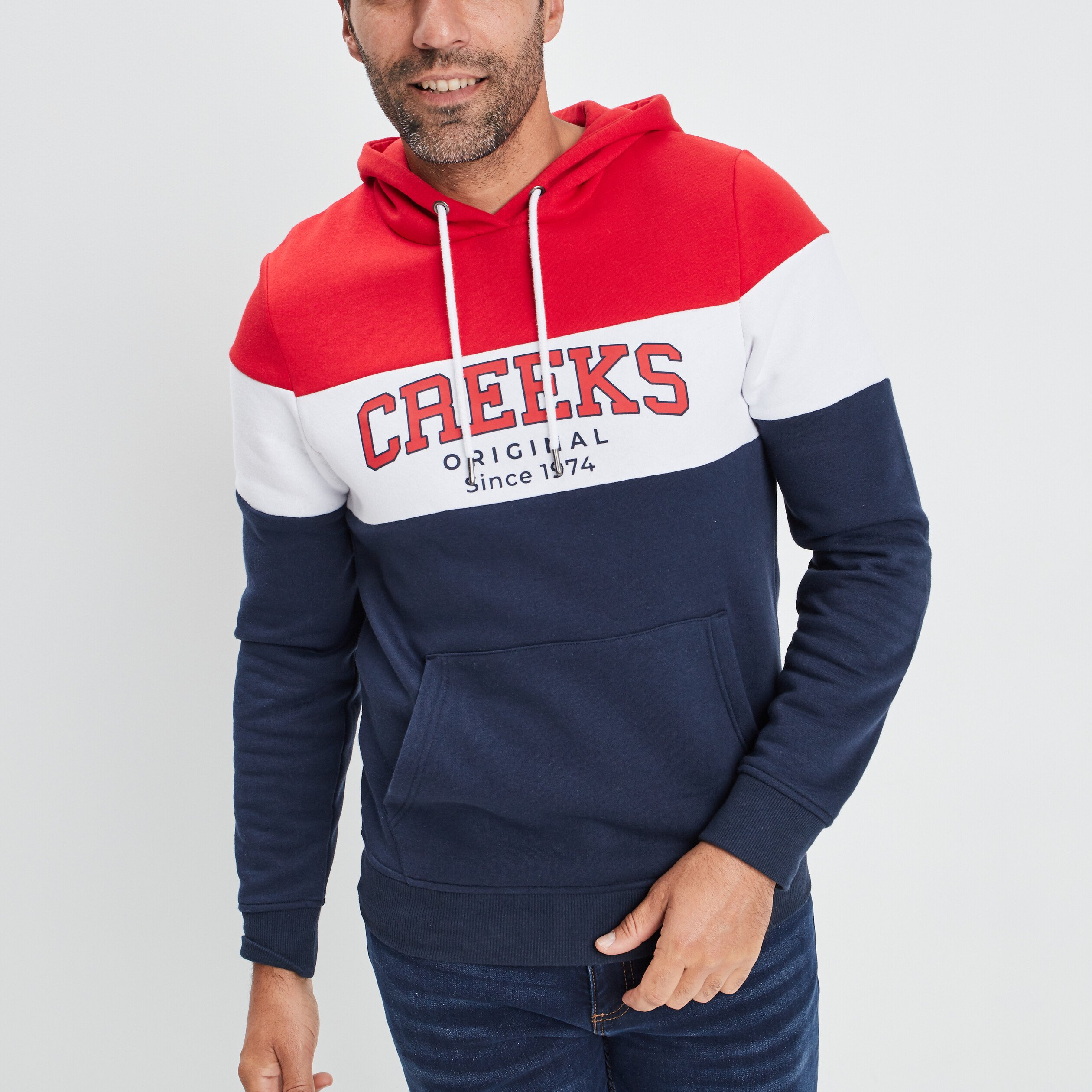 Sweat tricolor à capuche hoodie Creeks rouge homme | La Halle