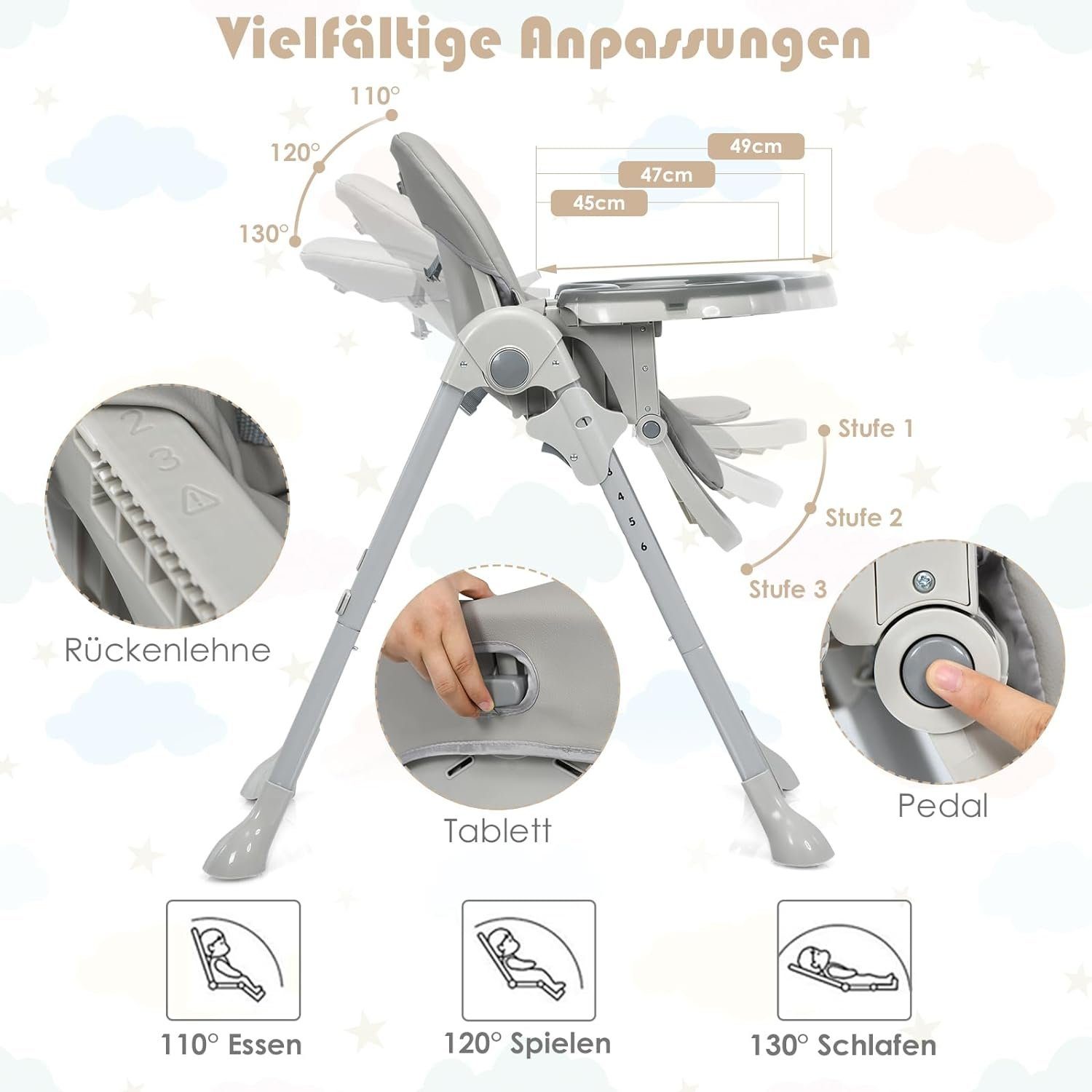 KOMFOTTEU Hochstuhl Baby, klappbar, mit abnehmbares Tablett