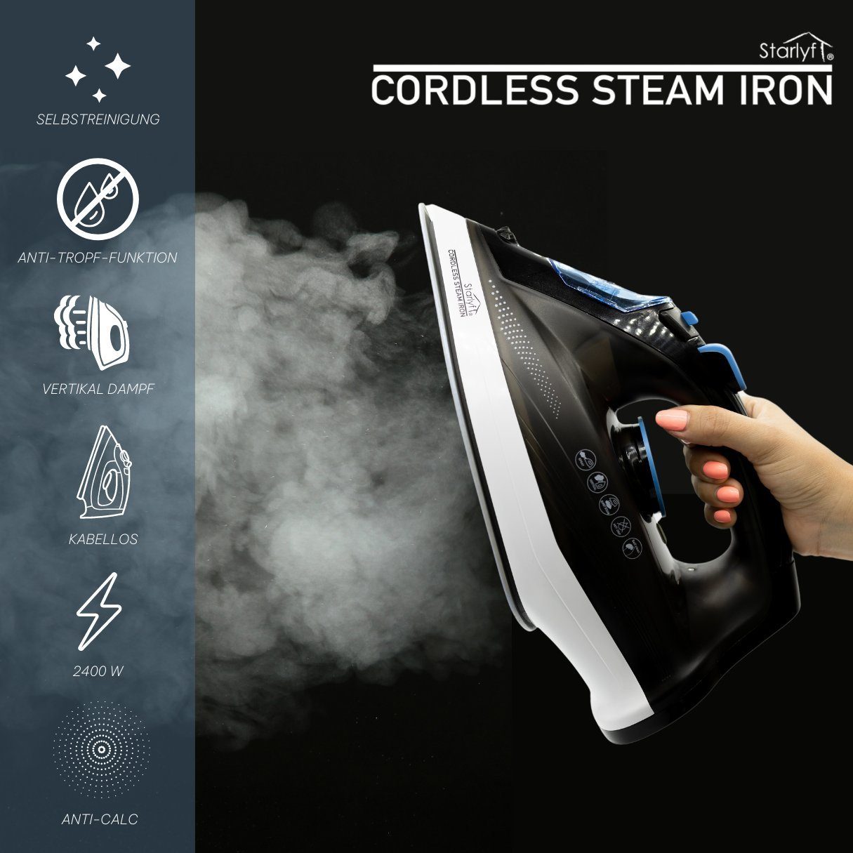 Starlyf Dampfbügeleisen Cordless Steam Iron, 2400 W, kabelloses Bügeleisen, Sohle mit keramischer Antihaftbeschichtung