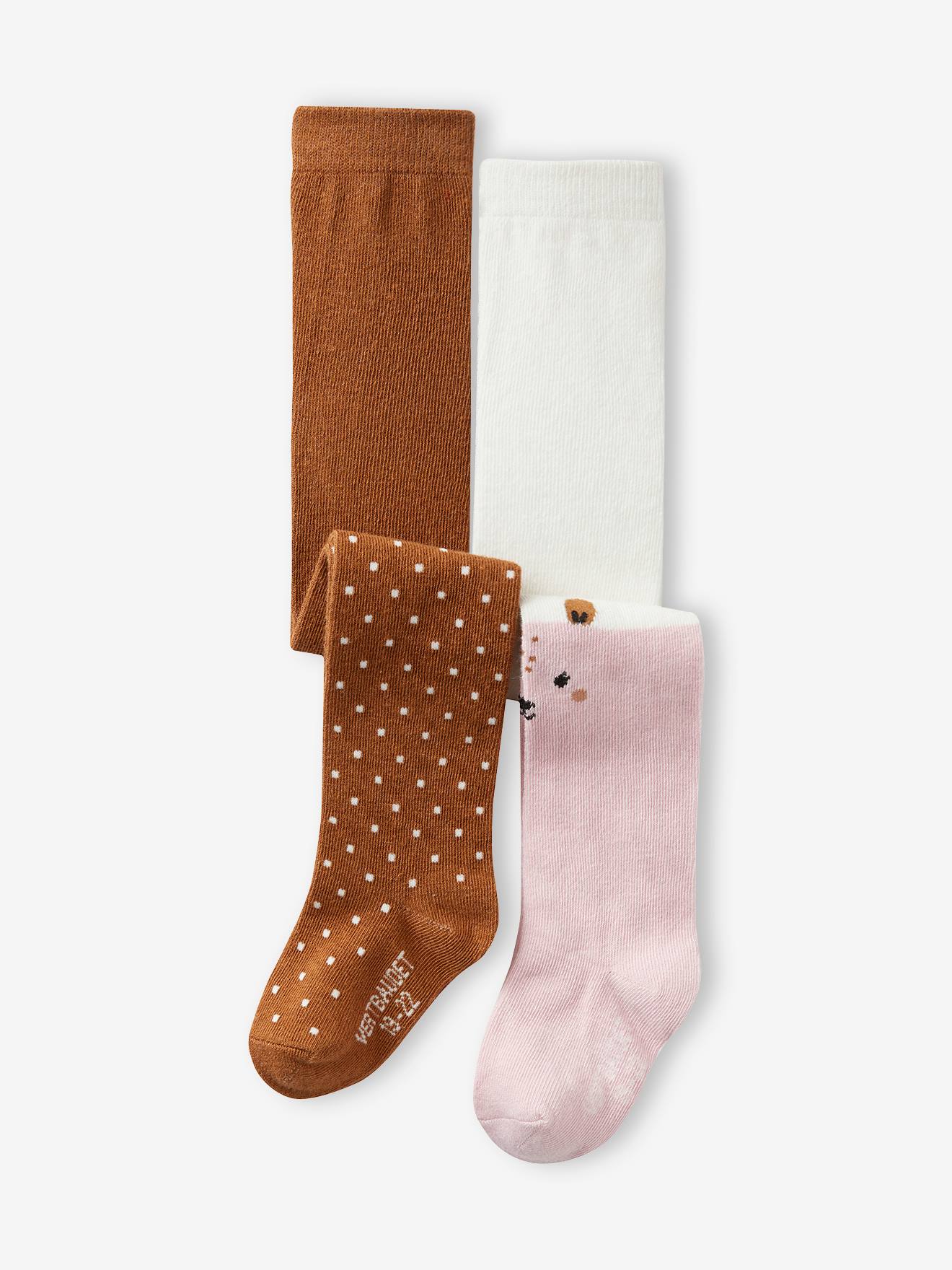 Lot de 2 paires de collants à pois/animalier bébé fille noisette
