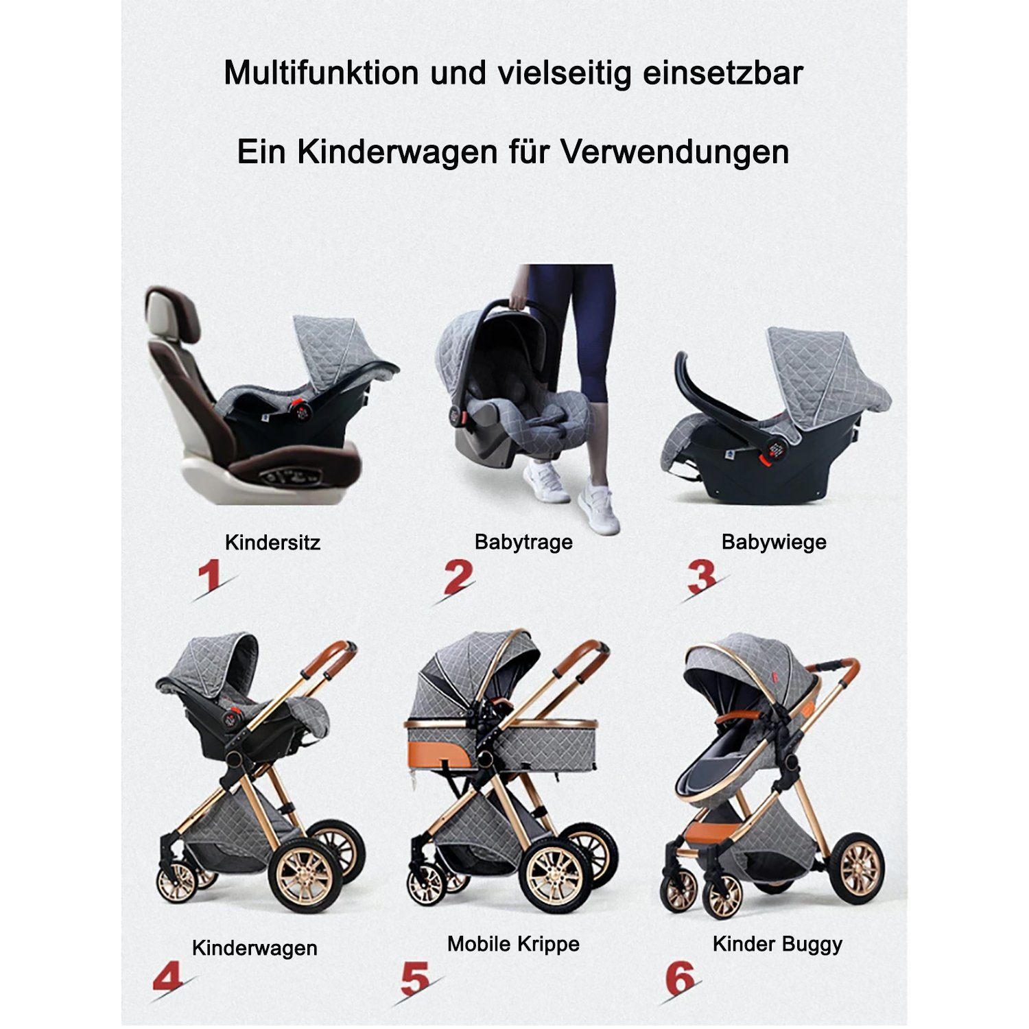 TPFLiving Kombi-Kinderwagen Babyschale Baby Buggy Babywanne Windeltasche, Moskitonetz Regenschutz Kinderwagen 3 in 1 inkl. Zubehörset Hellgrau