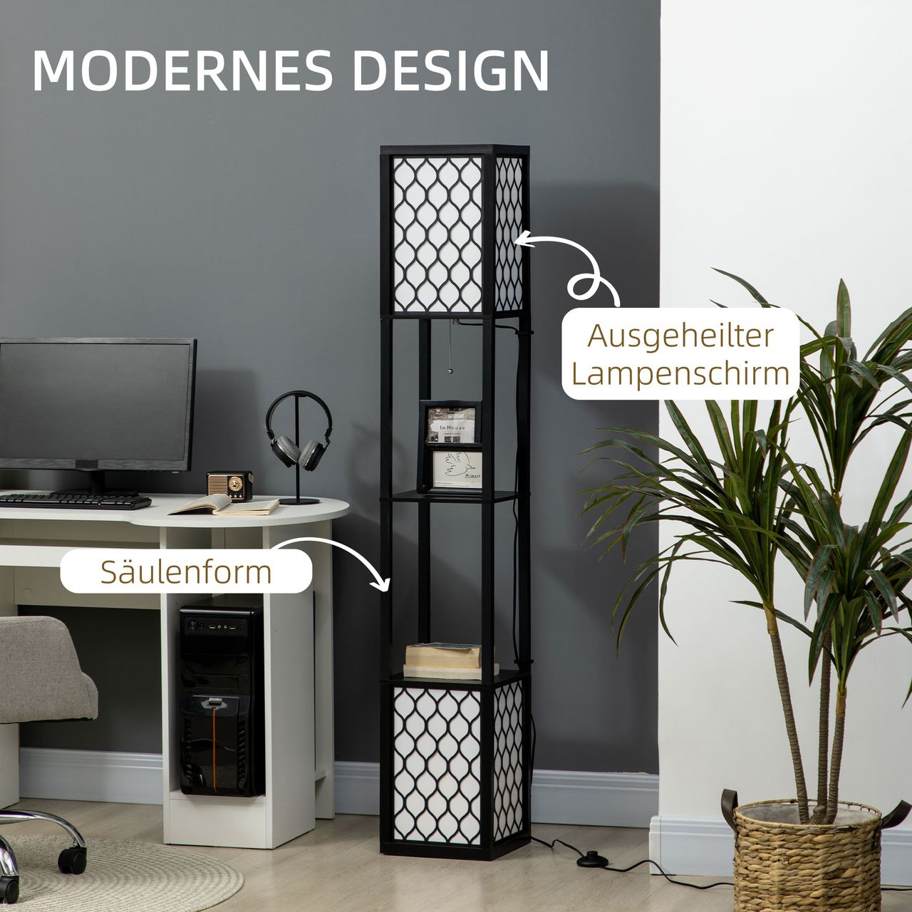 HOMCOM Stehleuchte mit Doppellicht, Regal 40 W Standlampe für Wohnzimmer Schwarz