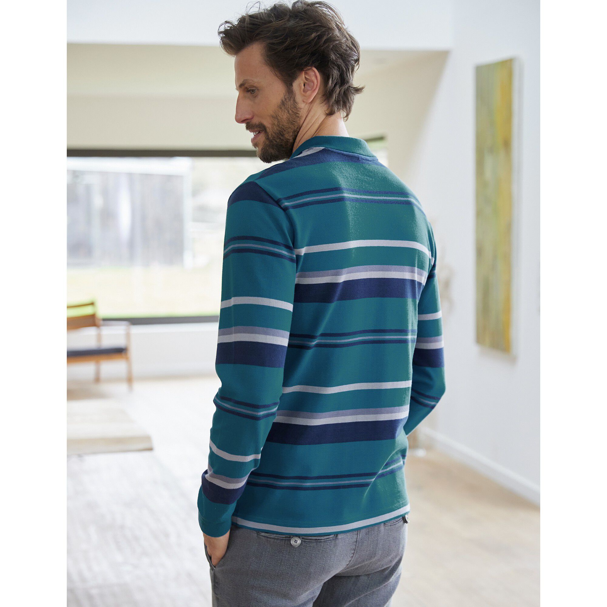 Polo maille piquée rayée, manches longues