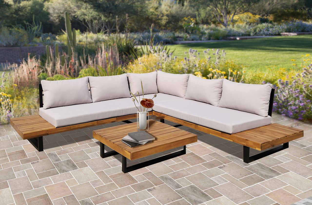 HC Garten & Freizeit Aluminium Ecklounge 4tlg. mit Tisch, Akazienholz - anthrazit