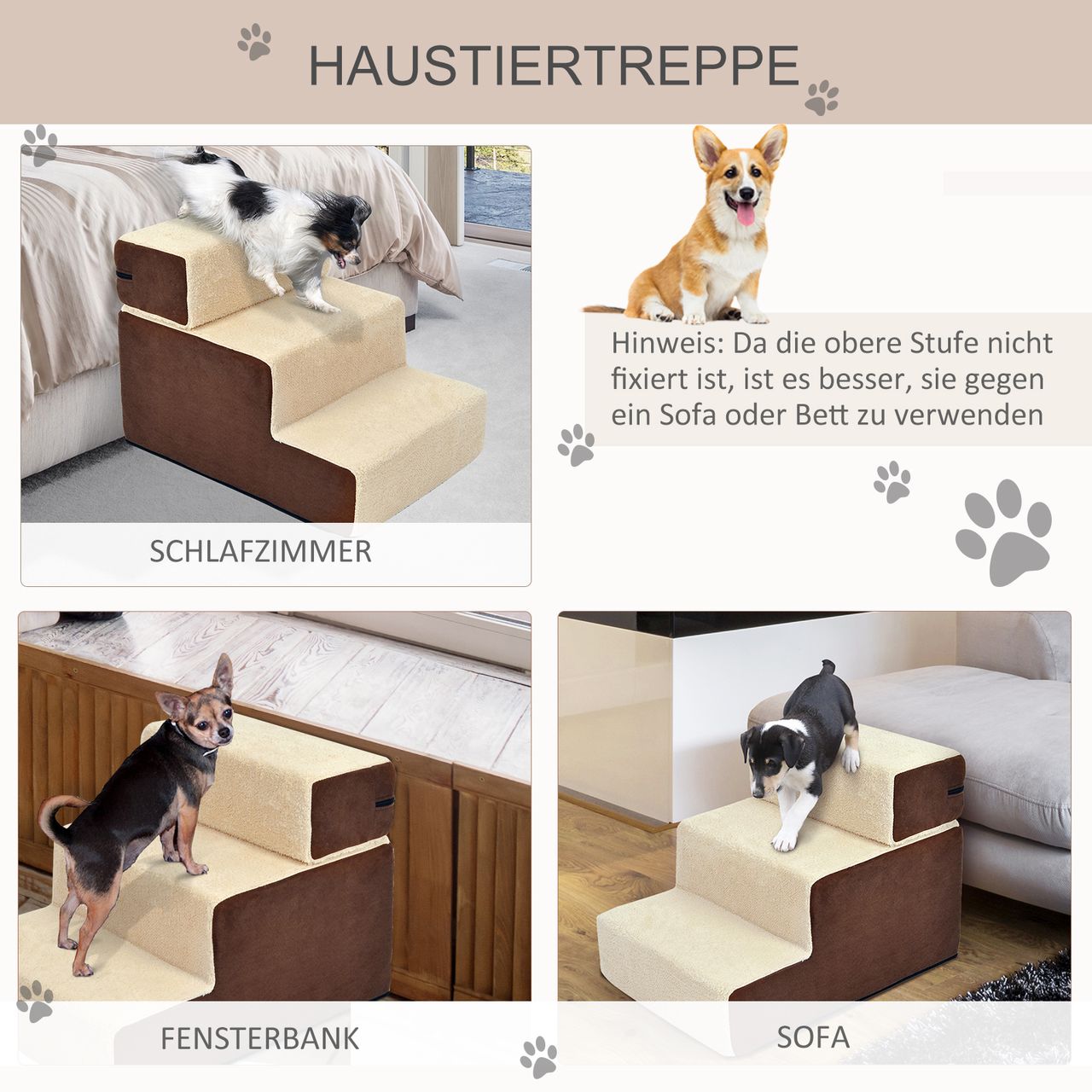 PawHut Hundetreppe Katzentreppe Einstiegshilfe 3 Stufen Haustier Plüsch Beige