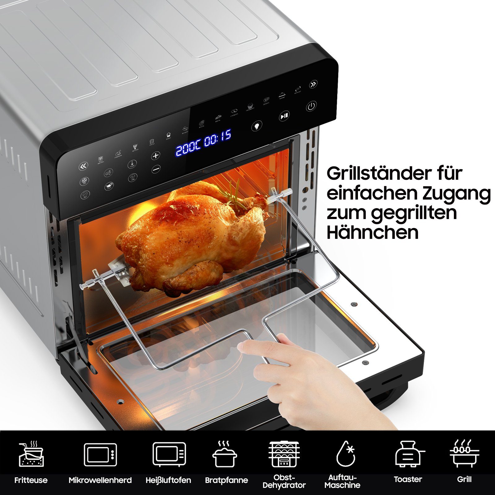 Aoucheni Heißluftfritteuse Heißluftfritteuse Minibackofen 15L Airfryer XXL, Heißluftbackofen, 1800,00 W, 13 Kochprogramme, LED-Display, Dörrautomat & DIY Funktion, Gesunde Friteuse ohne Öl, Warmhalten & Aufwärmen