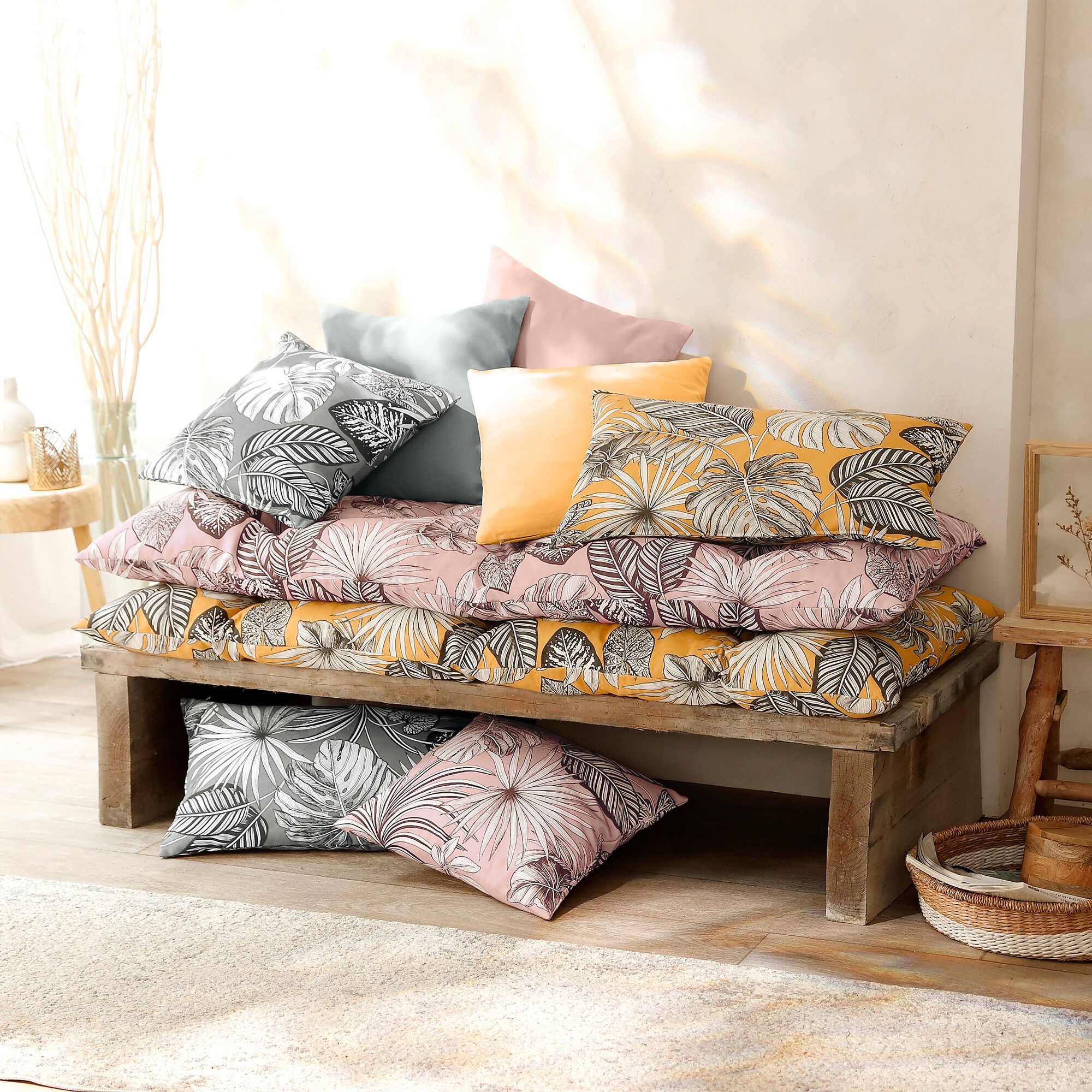 Long coussin déco coton imprimé tropical