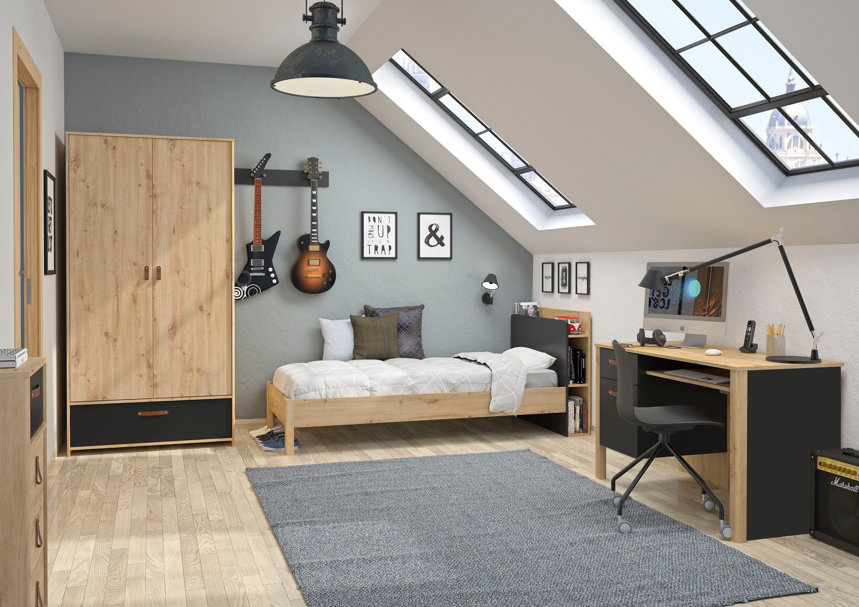 Gami Jugendzimmer-Set Arthus, (4-St., Bett mit Kopfteil, Kleiderschrank, Schreibtisch)