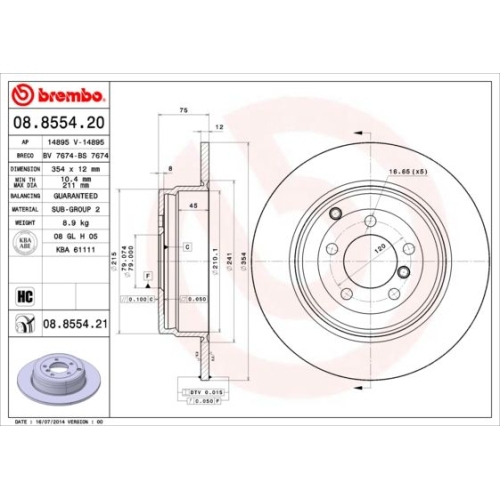 Bremsscheibe Brembo Hinterachse  1 Stück 08.8554.21 - ATU